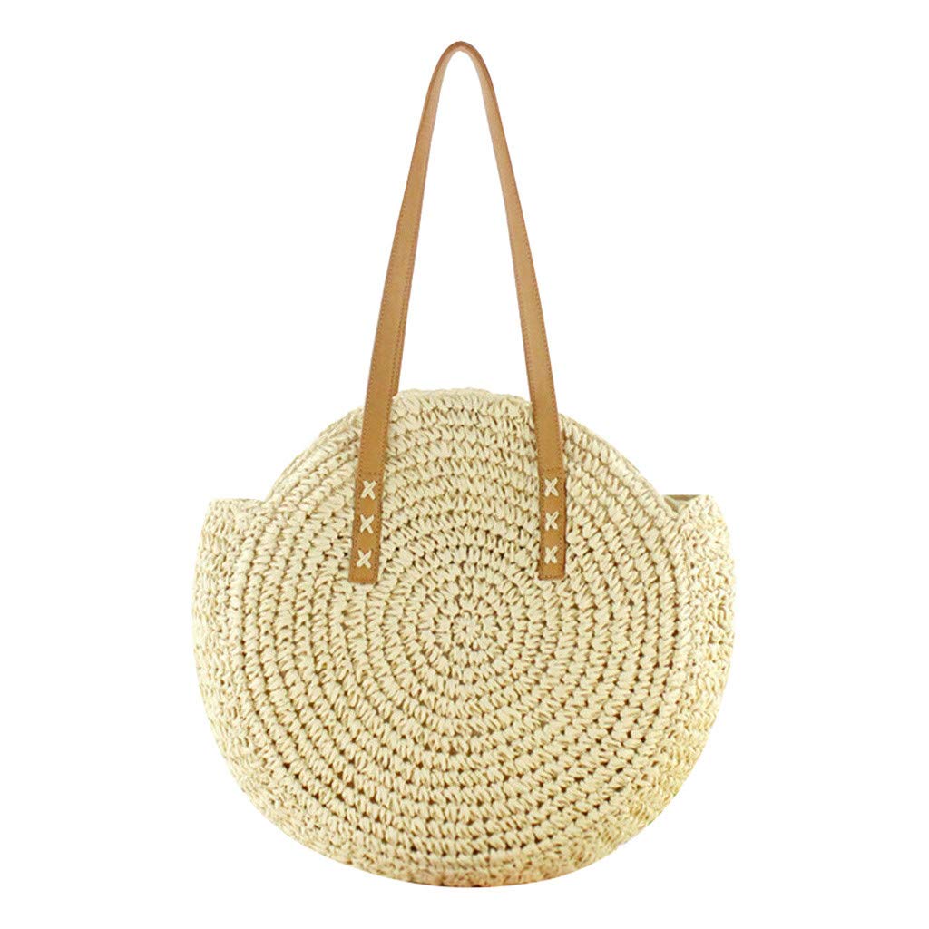 HHmei Vintage Round Straw Handbag for Women - Summer Beach Tote, Boho Shoulder Bag for Casual Outings, Picnics & Vacations