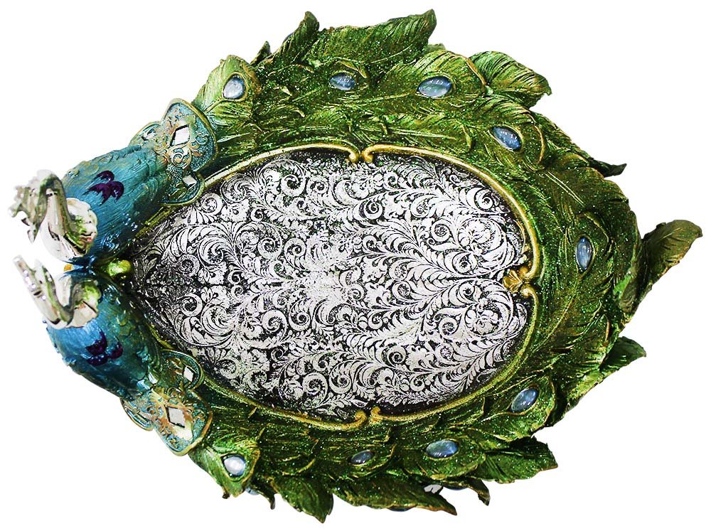 Elegant Peacock Shallow Dish Statuette - 6.5x11.5x9 Inch Polymer Clay Art Piece for Candy Bowl, Jewelry Tray, Gift & Home Decor | Perfect for Wedding Centerpieces, Tabletop Display & Luxury Home Accents