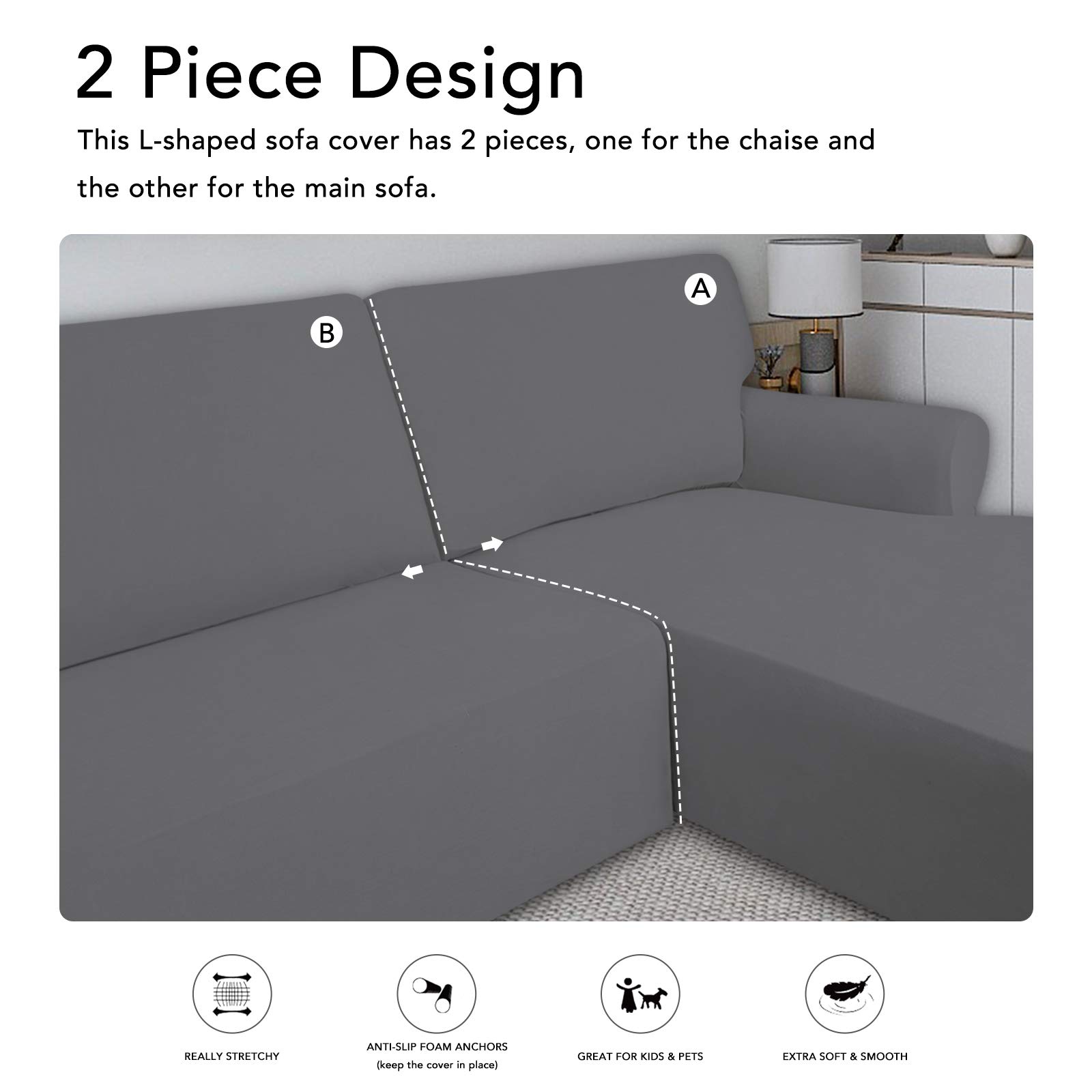 PureFit Super Stretch Sectional Sofa Cover - 2 Piece Spandex Non-Slip Couch Cover with Elastic Bottom for L-Shaped Sectionals, Pet & Kid Friendly (3-Seater + Chaise, Gray) | Perfect for Living Room, Family Room & Home Theater Protection