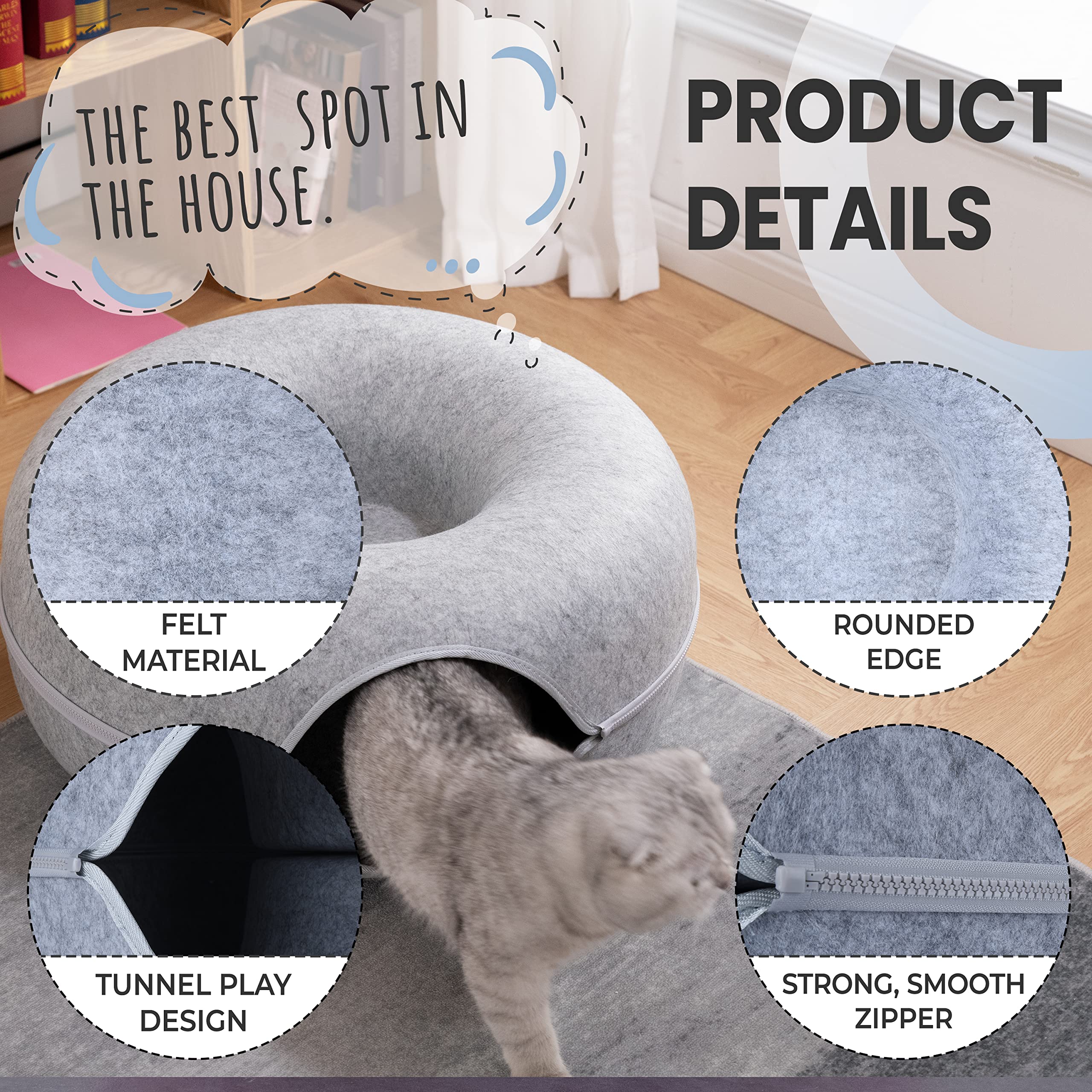 Cozy Cat Cave Bed with Tunnel & Peekaboo Hideout - Plush Donut Cat Bed for Small to Large Cats (Up to 20lbs) - Includes 3 Fun Plush Toys - Light Grey Pet Furniture for Indoor Cats - Perfect for Napping, Playtime & Stress Relief