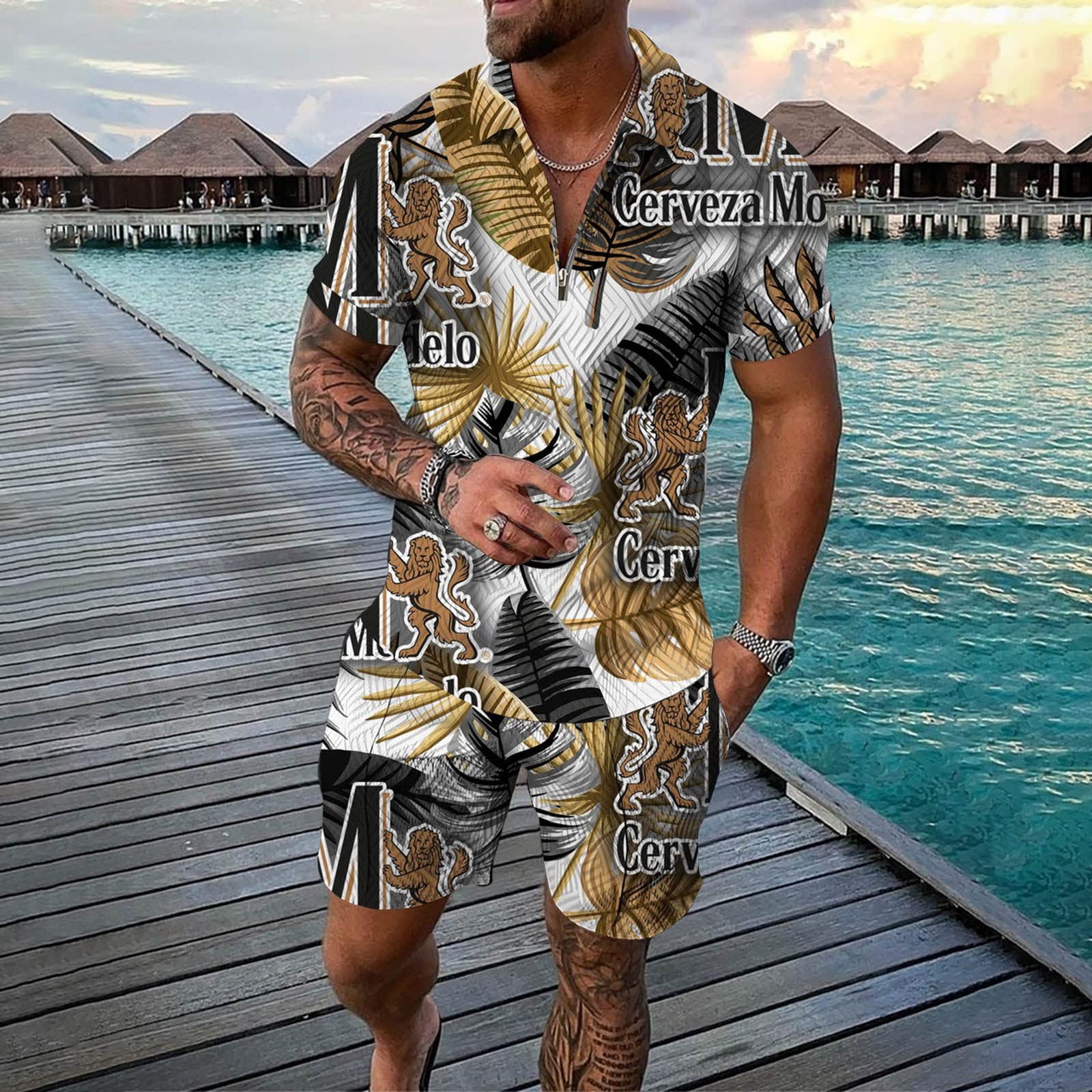 STYR Men's 2-Piece Summer Outfit - Short Sleeve Casual Shirt & Shorts Set | Lightweight Zip Tracksuit in Pink | Perfect for Beach Vacation, Gym Wear & Casual Street Style
