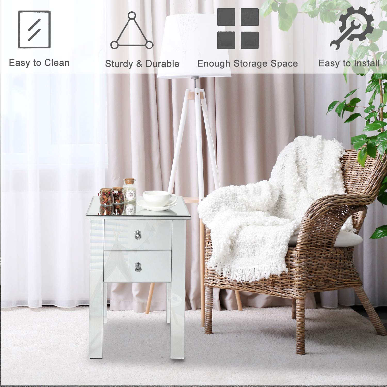 Mirrored End Table with 2 Drawers - Silver Nightstand & Accent Table with Crystal Knobs for Bedroom & Living Room | Modern Mirror Finish Side Table for Home Decor, Vanity & Guest Room