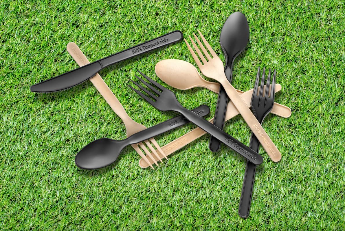 Eco-Friendly Bamboo Cutlery Set - 250 pcs Compostable & Biodegradable Fork, Knife, Spoon with Napkin (6