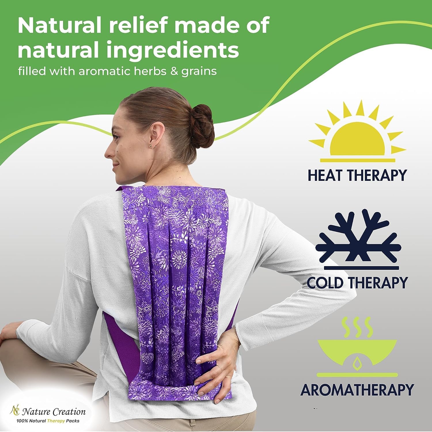 Nature Creation Reusable Microwave Heat Pad - Soothing Hot Pack for Back Pain, Sore Muscles & Spine Relief - Microwavable Heating Pad with Purple Flowers (1 Pack) - Perfect for Home, Office & Travel Use