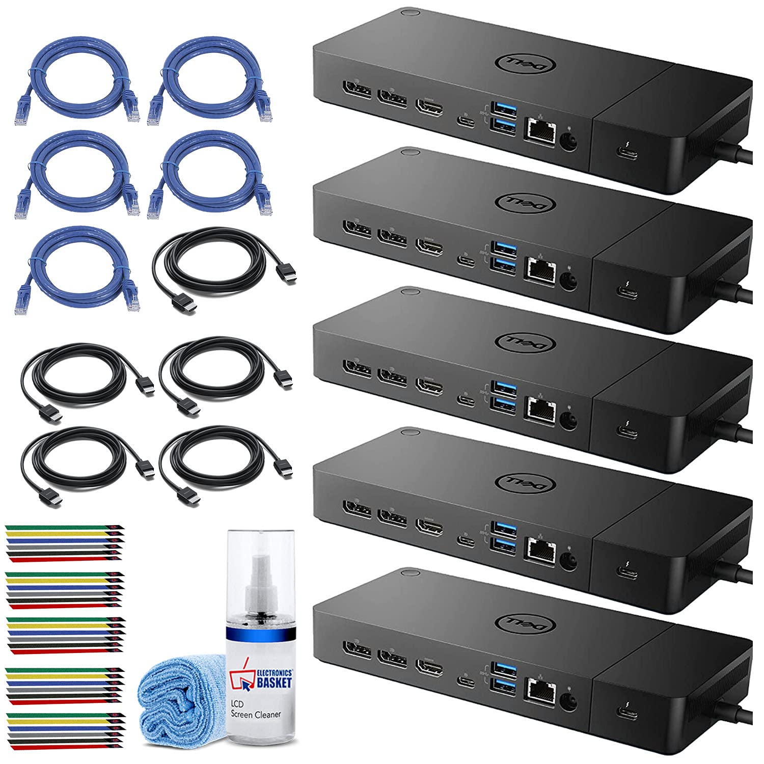 Dell WD19TBS 180W Thunderbolt 3 Docking Station with USB-C, USB-A, DisplayPort & RJ45 Ports (210-AZBI) - 5-Pack Bundle Includes Cleaning Kit, 5 Ethernet Cables, 5 HDMI Cables & 30 Cable Ties - Perfect for Office Workstations, Home Offices & Multi-Monitor Setups