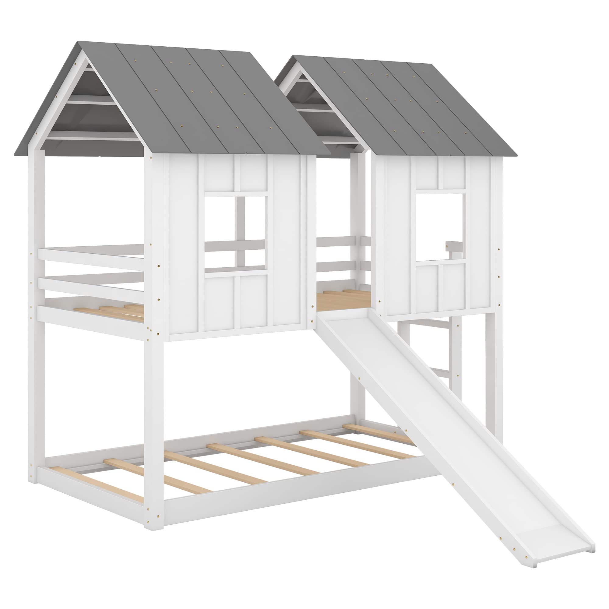 Twin Over Twin Solid Wood Bunk Bed with Slide, Safety Guardrail & Roof Window - Sturdy Low Bunk Bed Frame for Kids & Teens - Perfect for Small Bedrooms, Shared Kids' Rooms & Sleepovers