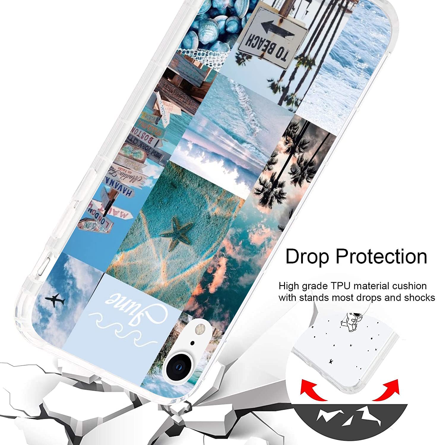 Vintage Aesthetic iPhone XR Case - Clear Shockproof Protective Cover with Retro Beach Collage Design (Coconut Tree & Starfish) | Trendy Phone Case for Women & Girls | Perfect for Summer Travel, Beach Vacations & Everyday Use