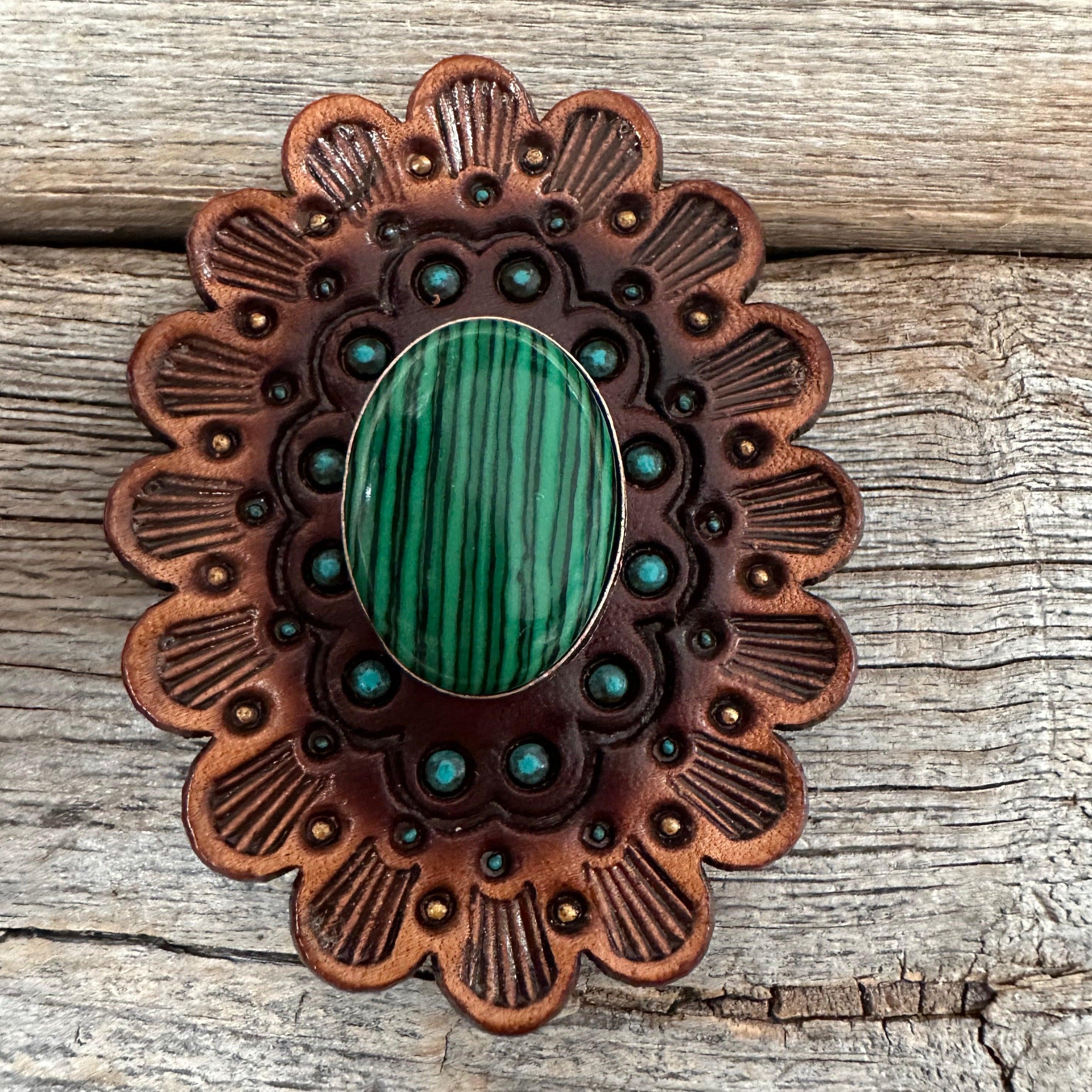 Western Leather Rosette Concho with Green Cabochon - Medium Size Oil-Edged R107CABRG for Cowboy Boots, Belts & Western Fashion Accessories