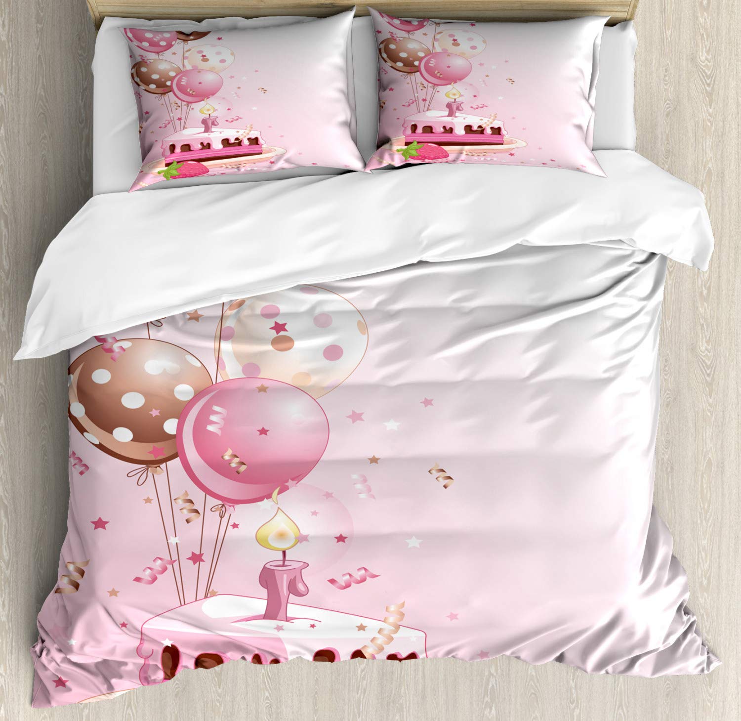 Ambesonne Birthday Duvet Cover Set - Strawberry Pink Cake Slice with Candles & Balloons Print | 2-Pack California King Size Bedding (2 Duvet Covers + 4 Pillowcases) in Pink, Tan & Cream | Perfect for Birthday Parties, Bedroom Decor & Gift Giving