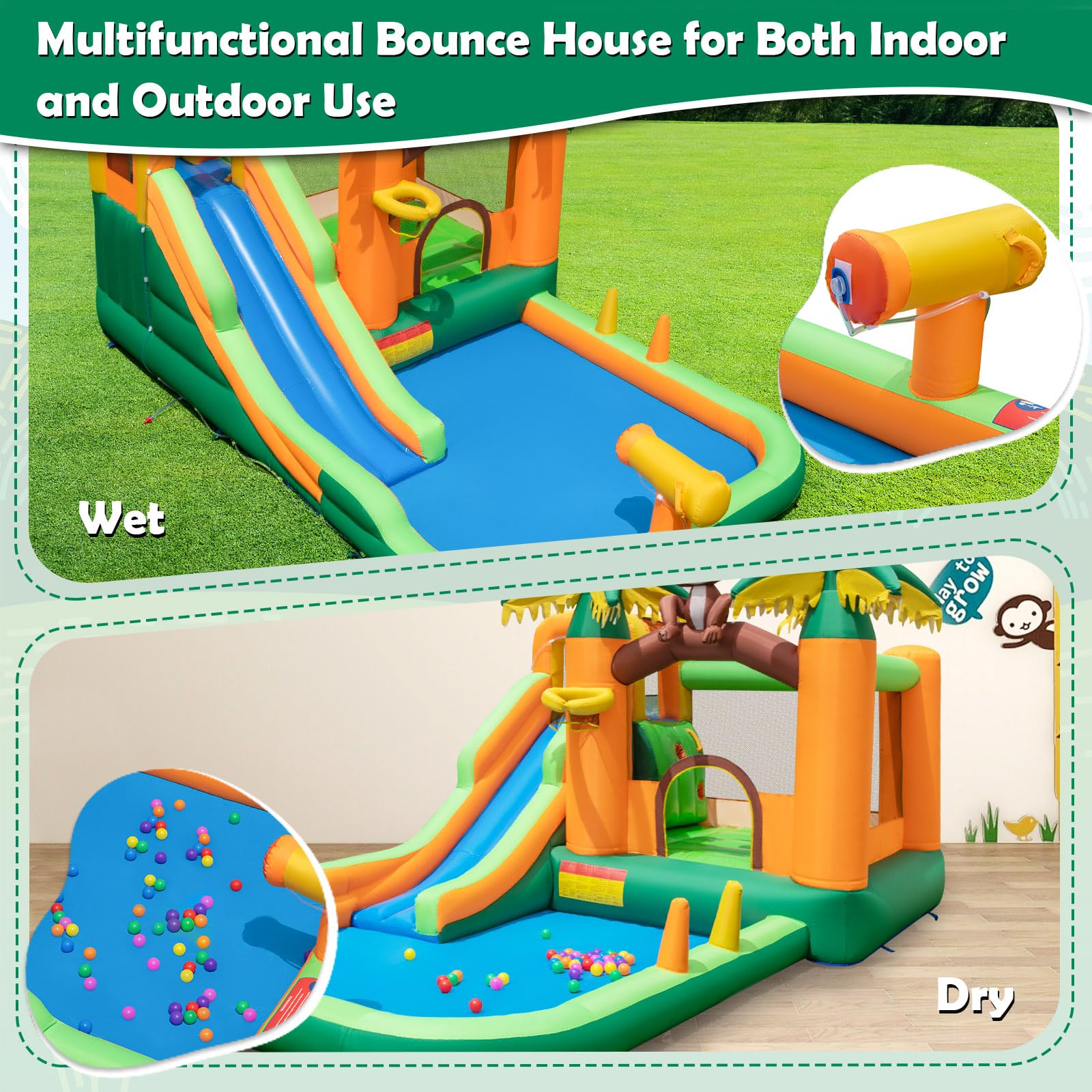 BOUNTECH Inflatable Water Slide with Splash Pool - Jungle Monkey Bounce House for Kids Outdoor Play, 680W Blower Included | Perfect for Backyard Parties, Summer Fun, and Birthday Gifts | Durable Water Slides Inflatables for Big Kids and Family Gatherings
