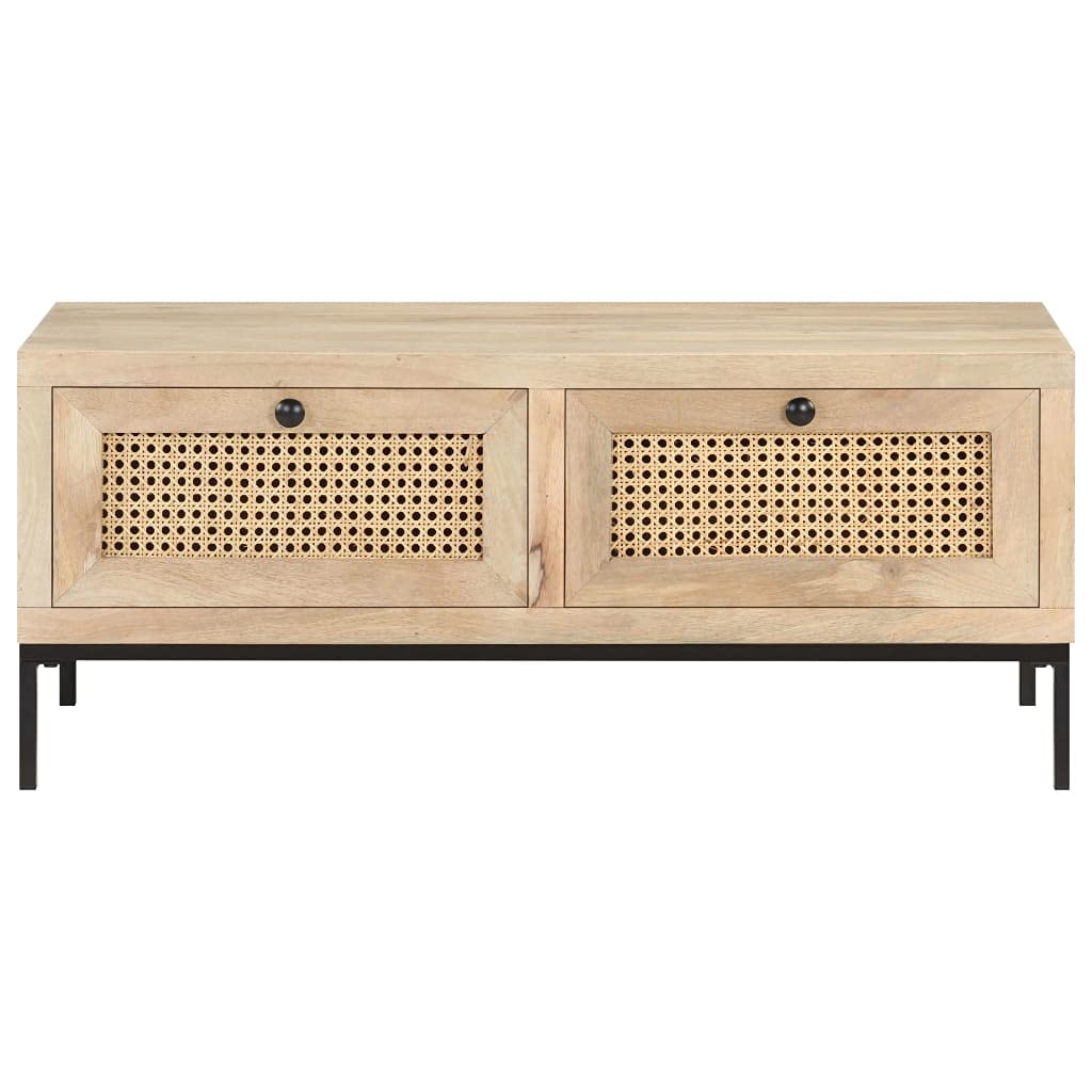 Industrial Rectangular Coffee Table - Solid Mango Wood & Natural Cane with Steel Base - Modern Farmhouse Living Room Furniture for Home Decor, Lounge, and Entertainment Areas