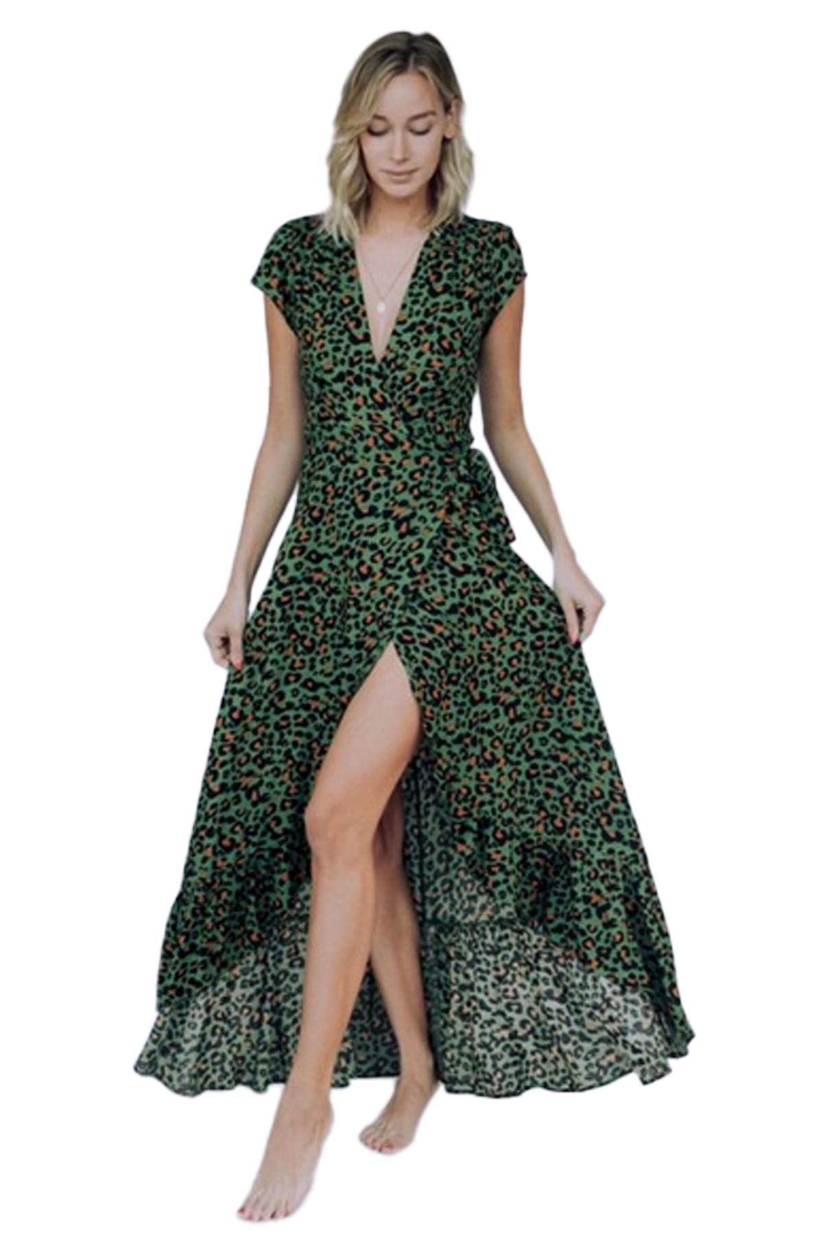 Green Leopard Print Wrap Dress - Elegant & Stylish for Summer Outings
