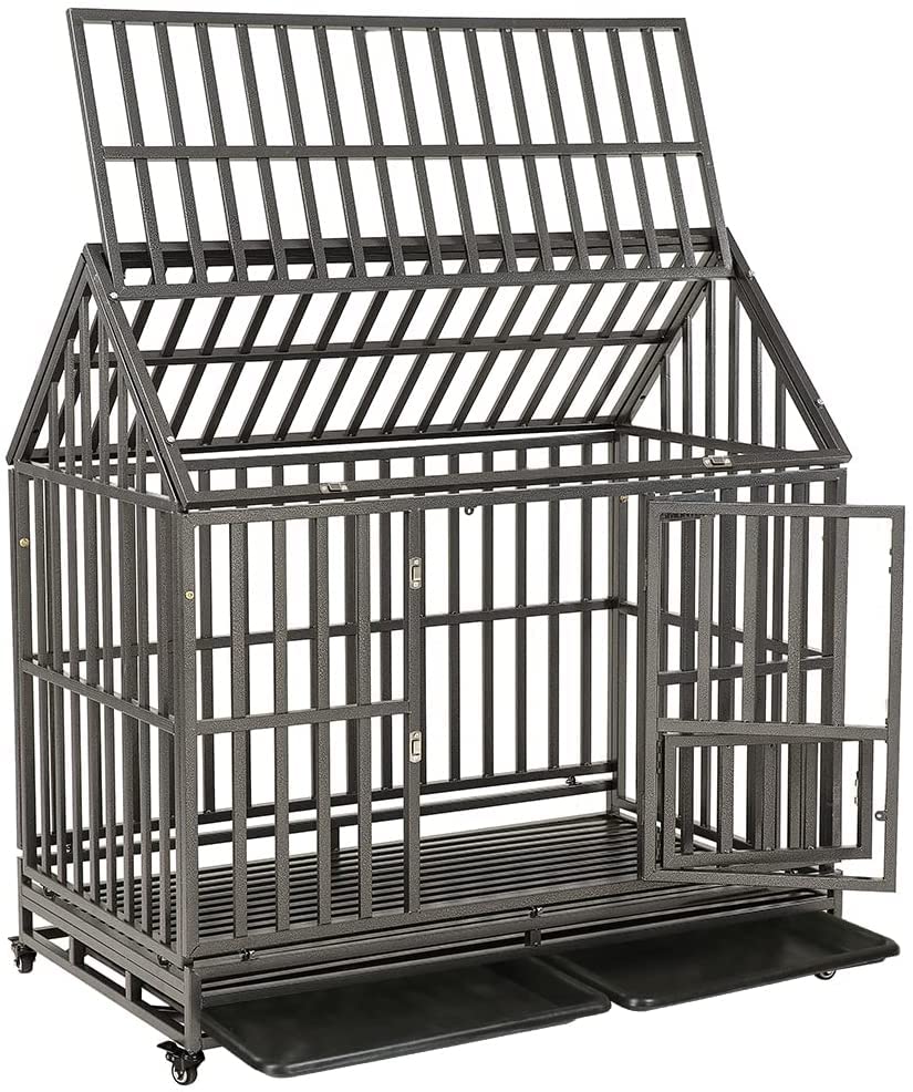 SMONTER 48 Inch Heavy Duty Dog Crate - Strong Metal Cage House Style Pet Kennel with 4 Locking Wheels - Ideal for Large Dogs, Travel, Home & Vet Visits