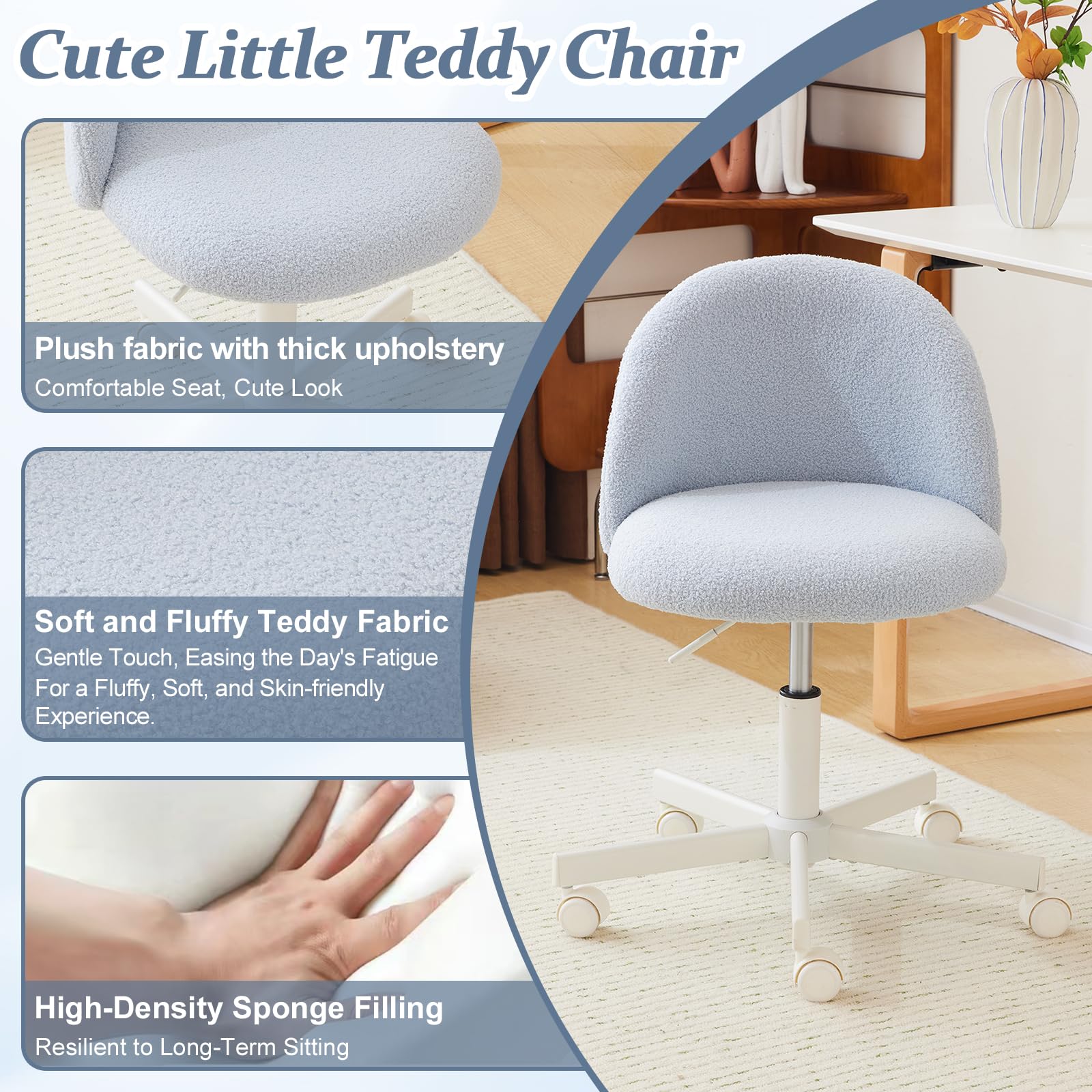 VINGLI Armless Cute Teddy Desk Chair with Wheels - Adjustable Swivel Office Chair with Lumbar Support, Comfortable Small Computer Task Chair for Home Office, Bedroom & Vanity (Poetic Blue) - Perfect for Work, Study & Makeup Stations