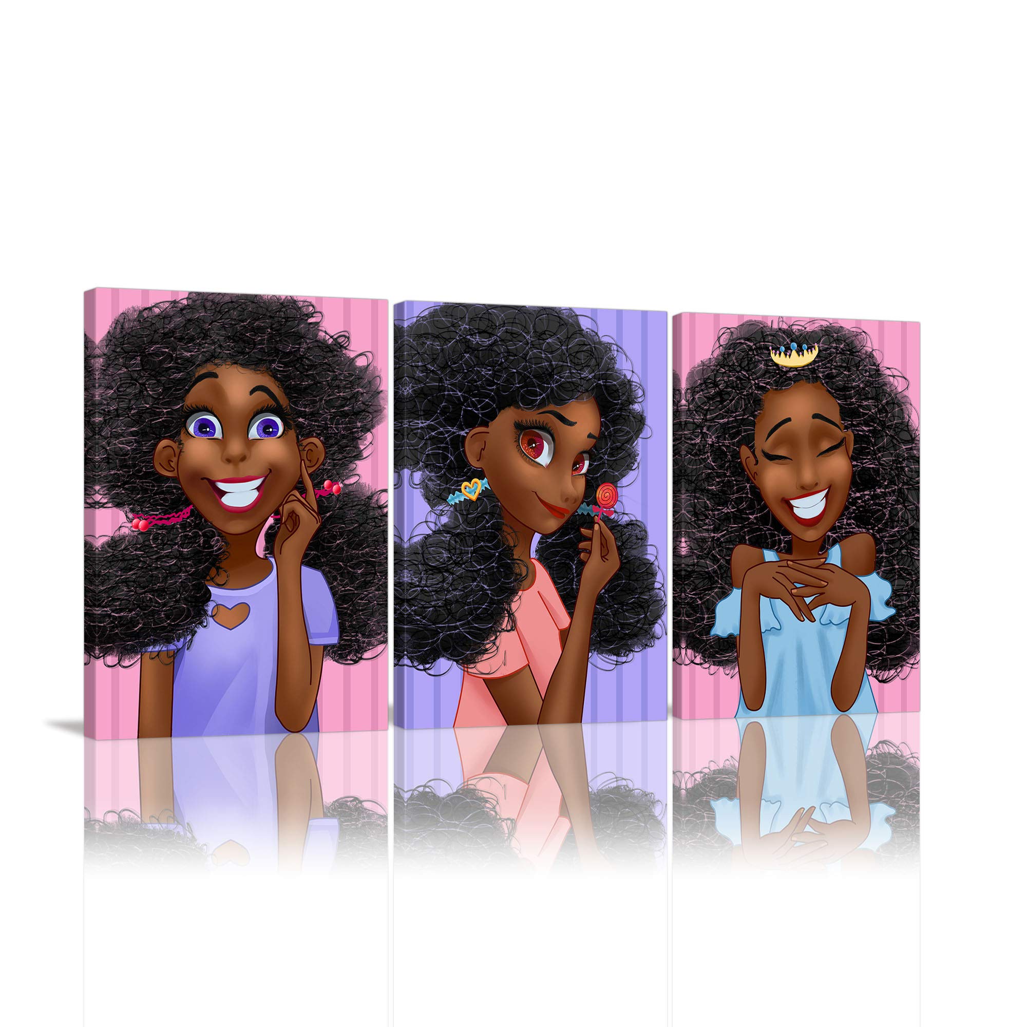 Black Girl Canvas Wall Art 3-Panel Set - Pink Afrocentric Paintings for Girls Bedroom, Kids Room & Nursery Decor - Hippie Wall Art for Living Room, Bathroom, Dorm - Ready to Hang (Perfect for Birthday Gifts, Baby Showers & Room Makeovers)