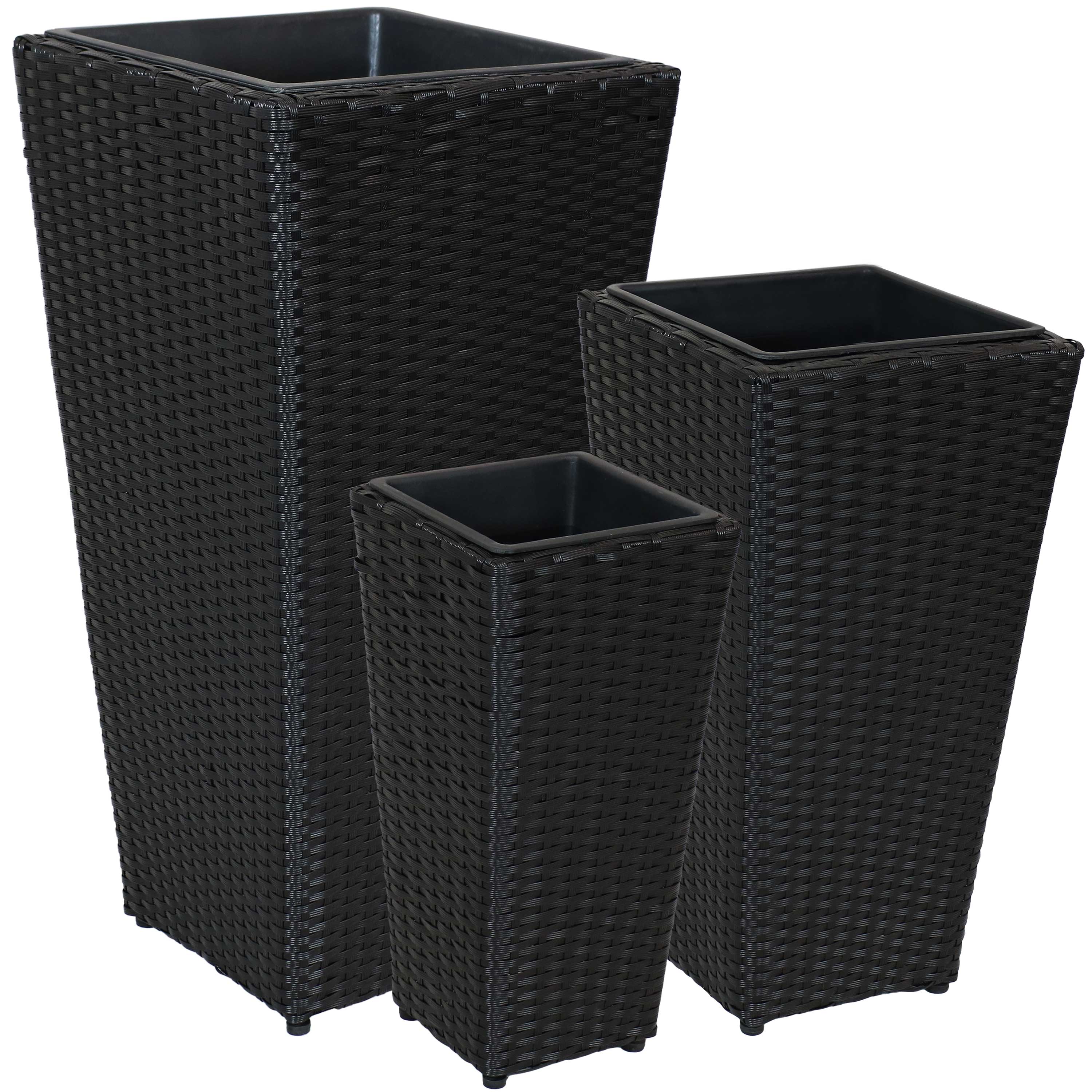 Sunnydaze 3-Piece Black Square Tall Wicker Planter Set - Durable Poly Rattan Outdoor Flower Pots for Patio, Garden & Balcony Decor