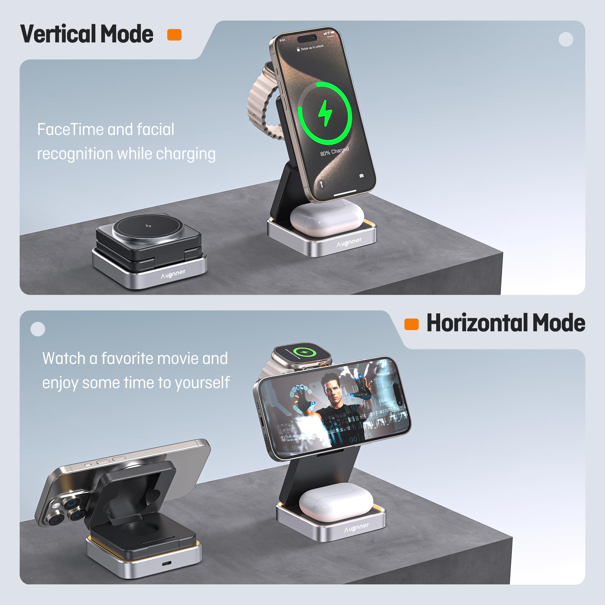 2025 Upgraded 3-in-1 Foldable Wireless Charging Station with Night Light - 20W Fast Charger for iPhone 15/14/13/12 (MagSafe Compatible), Apple Watch & AirPods - Portable Travel Charger Stand & Nightstand Organizer - Perfect for Bedroom, Office and On-the-Go Charging