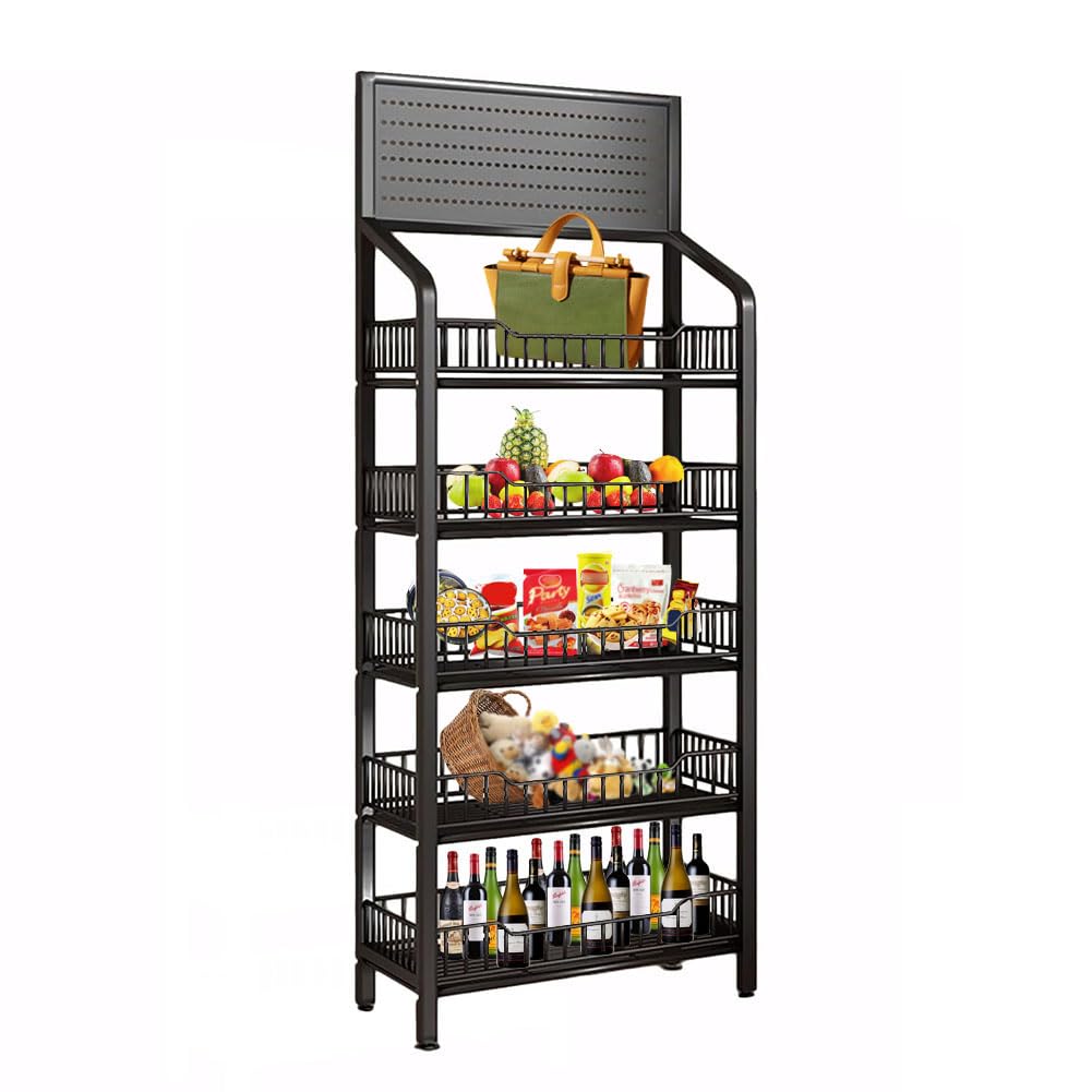5 Tier Metal Wire Display Rack with Wheels & Hooks - Snack Organizer Stand for Supermarket, Retail Store, and Home Kitchen - Perfect for Candy, Potato Chips, and Grocery Storage (Black)