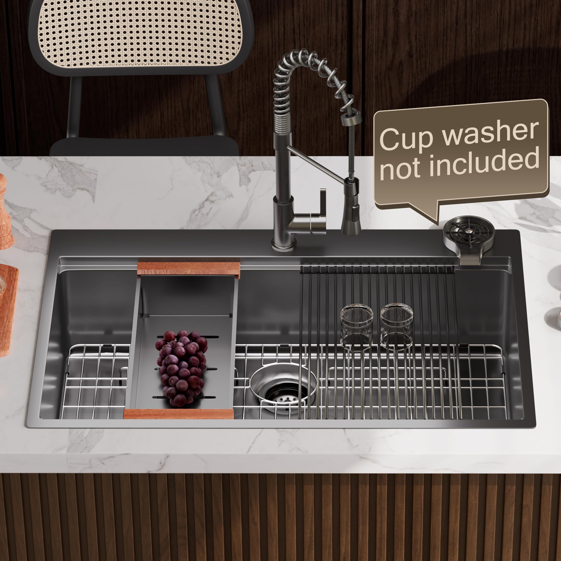 33 Inch Black Drop-In Kitchen Sink - 16 Gauge Stainless Steel Workstation Sink with Accessories - 33