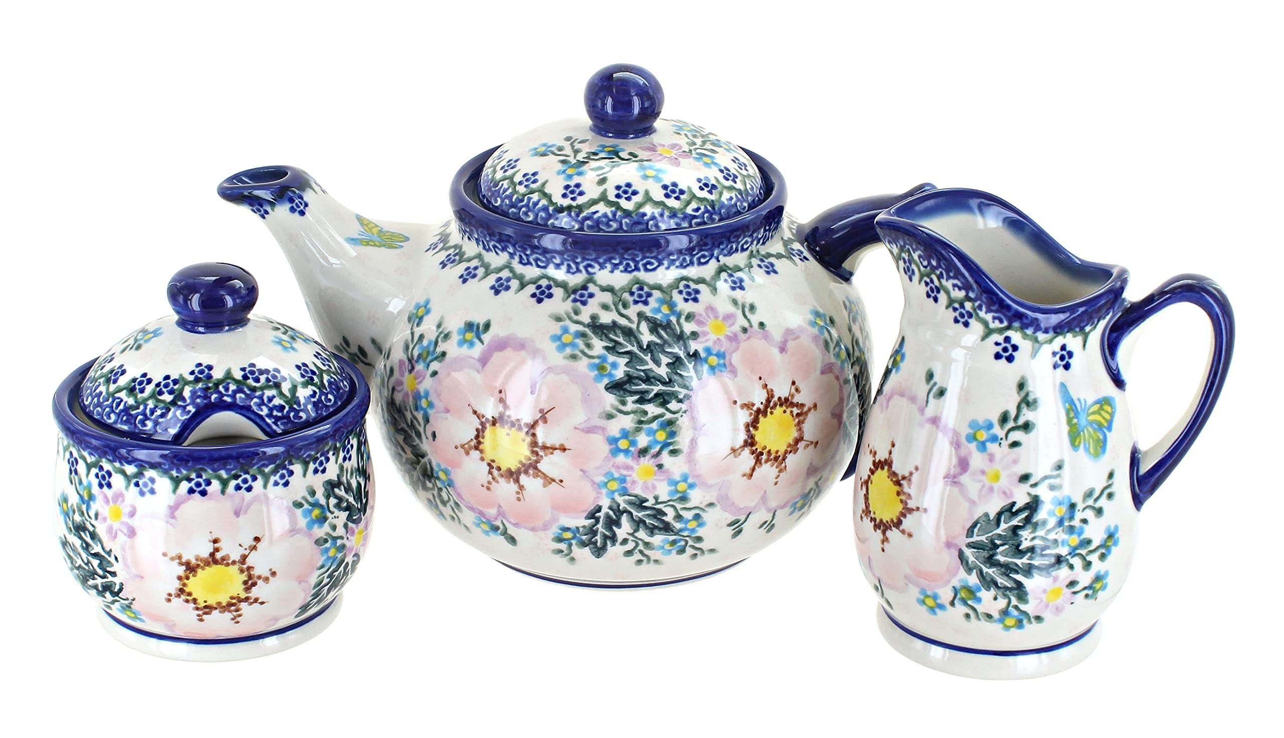 Blue Rose Polish Pottery Apple Blossom 3-Piece Tea Set - Handcrafted Ceramic Teapot with Cups - Perfect for Afternoon Tea, Gifts & Home Decor