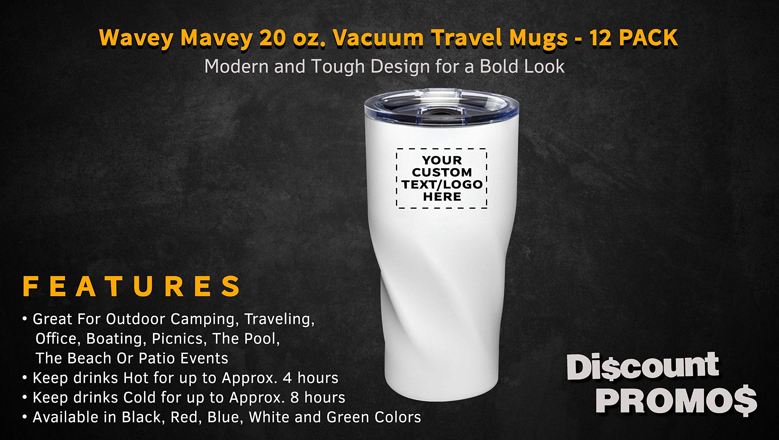 Custom 20 oz. Vacuum Insulated Travel Mugs - 12 Pack Personalized with Text & Logo - White - Perfect for Corporate Gifts, Promotional Events & Outdoor Adventures