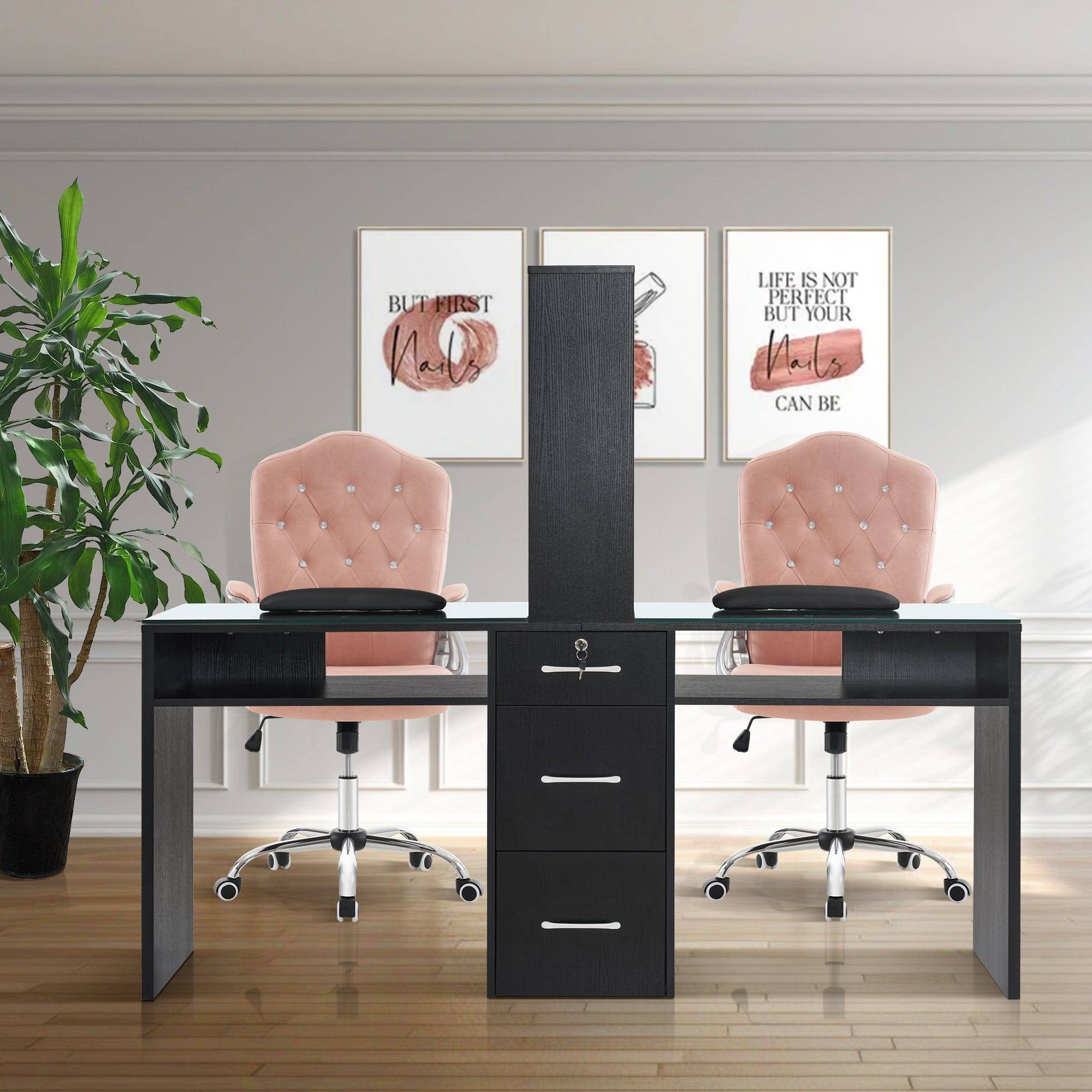 Dual Elegance Manicure Station - Professional Nail Art Table with LED Lights & Storage Drawers | Perfect for Home Salons & Nail Technicians