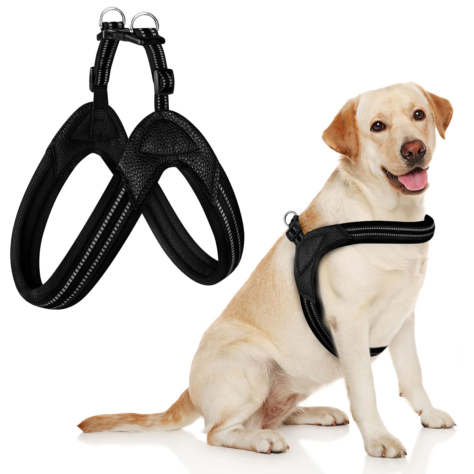 No Pull Dog Harness - Reflective Mesh Padded Step-in Vest with 2 Adjustable Buckles, Choke-Free Design for Medium & Large Dogs (Black) - Perfect for Night Walks, Training & Outdoor Adventures