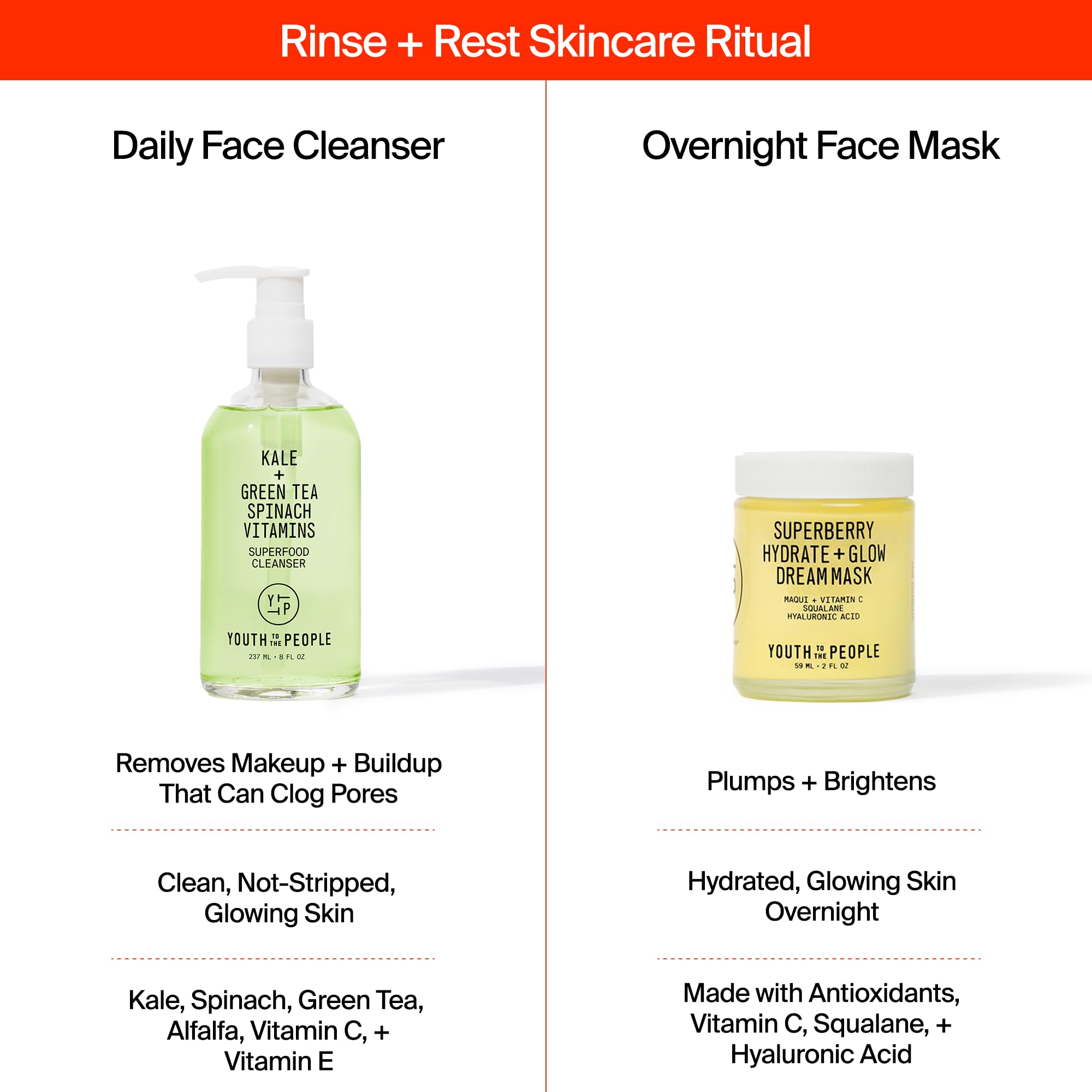 Youth To The People Rinse + Rest Duo | 2-Piece Skincare Bundle with Superberry Hydrate + Glow Dream Overnight Face Mask (2oz) & Superfood Kale + Green Tea Facial Cleanser (8oz) | For Dull & Dry Skin | Perfect for Nighttime Routine & Morning Refresh