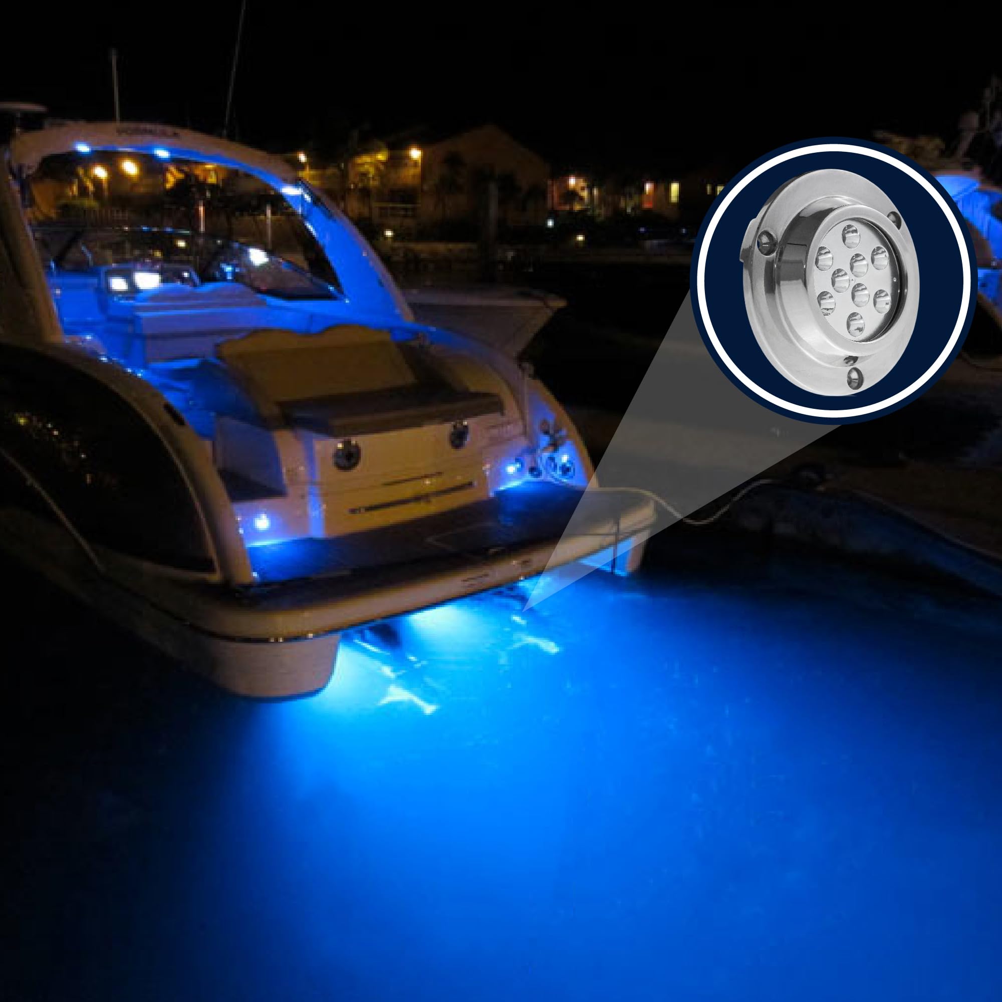 Five Oceans 2-Pack High-Power 3000LM Blue LED Underwater Boat Lights - IP68 Waterproof Marine-Grade Lighting with 316 Stainless Steel Body (12-30V DC) for Night Fishing, Yacht Decoration & Underwater Illumination - FO4005-M2