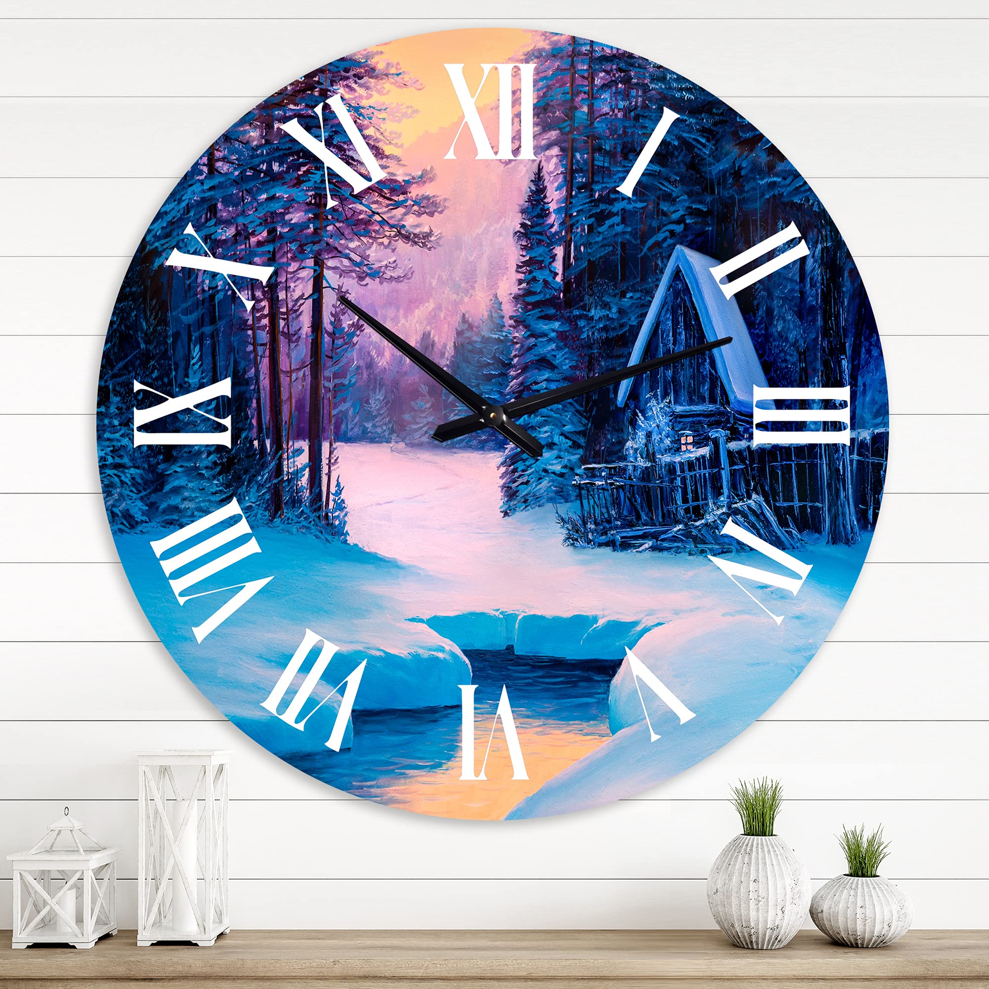 Lake House Wall Clock - Winter Landscape & River House in The Woods II - Large Nature-Themed Clock for Kitchen, Living Room, Bedroom Decor | Perfect for Rustic, Farmhouse & Cabin Interior Design