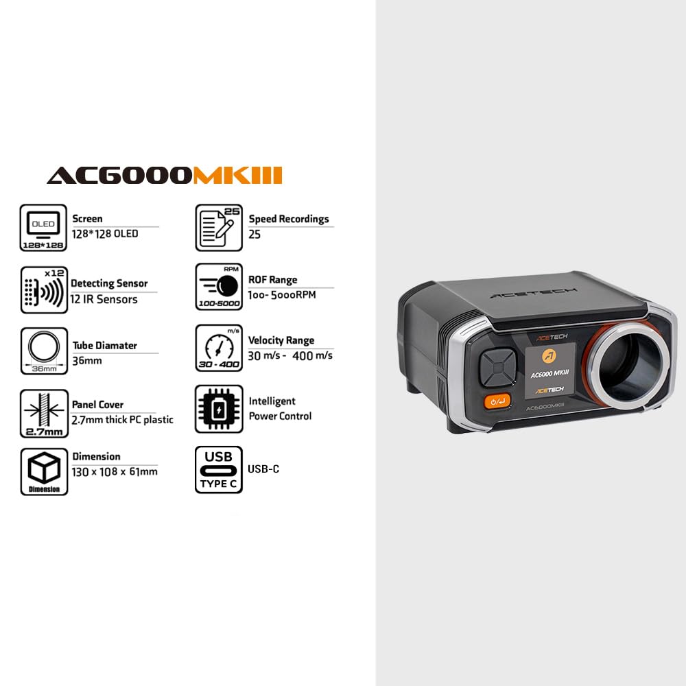 ACETECH AC6000MKIII Airsoft Chronograph - High Precision BB Speed Tester (30-400 m/s) for Airsoft Guns - Perfect for Field Testing & Shooting Range Performance Checks