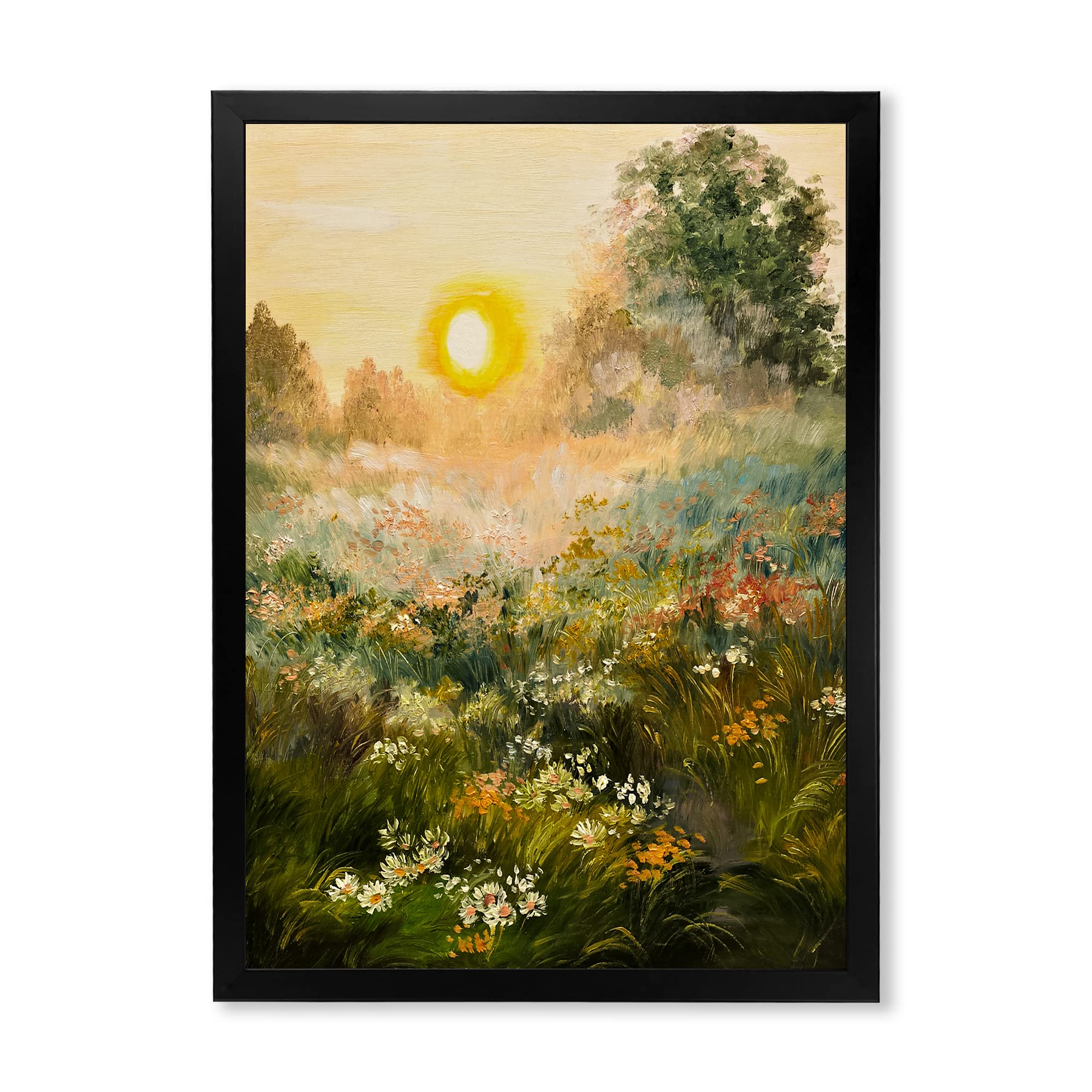 Sunrise In The Blossoming Field Farmhouse Framed Wall Art - Vintage Country Landscape Painting for Living Room, Bedroom & Office Decor