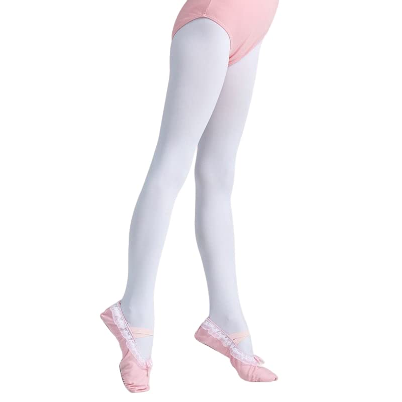 PythJooh Toddler Girls Ballet Dance Tights - White & Pink Footed Tights for Dance Training | Ages 2-14 Years | Perfect for Ballet Class, Recitals & Dance Practice