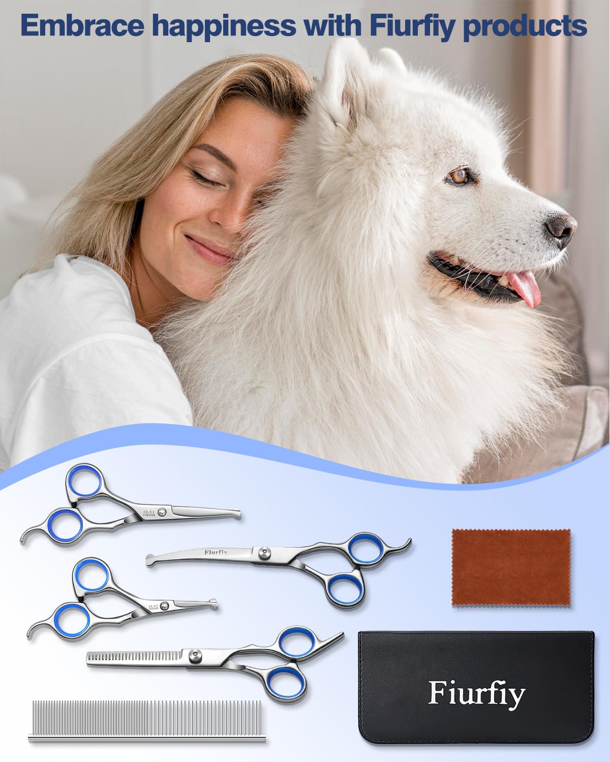 Professional 5-in-1 Dog Grooming Scissors Set with Safety Round Tips - Curved & Straight Pet Hair Cutting Shears for Dogs & Cats - Perfect for Home Grooming, Trimming & Styling