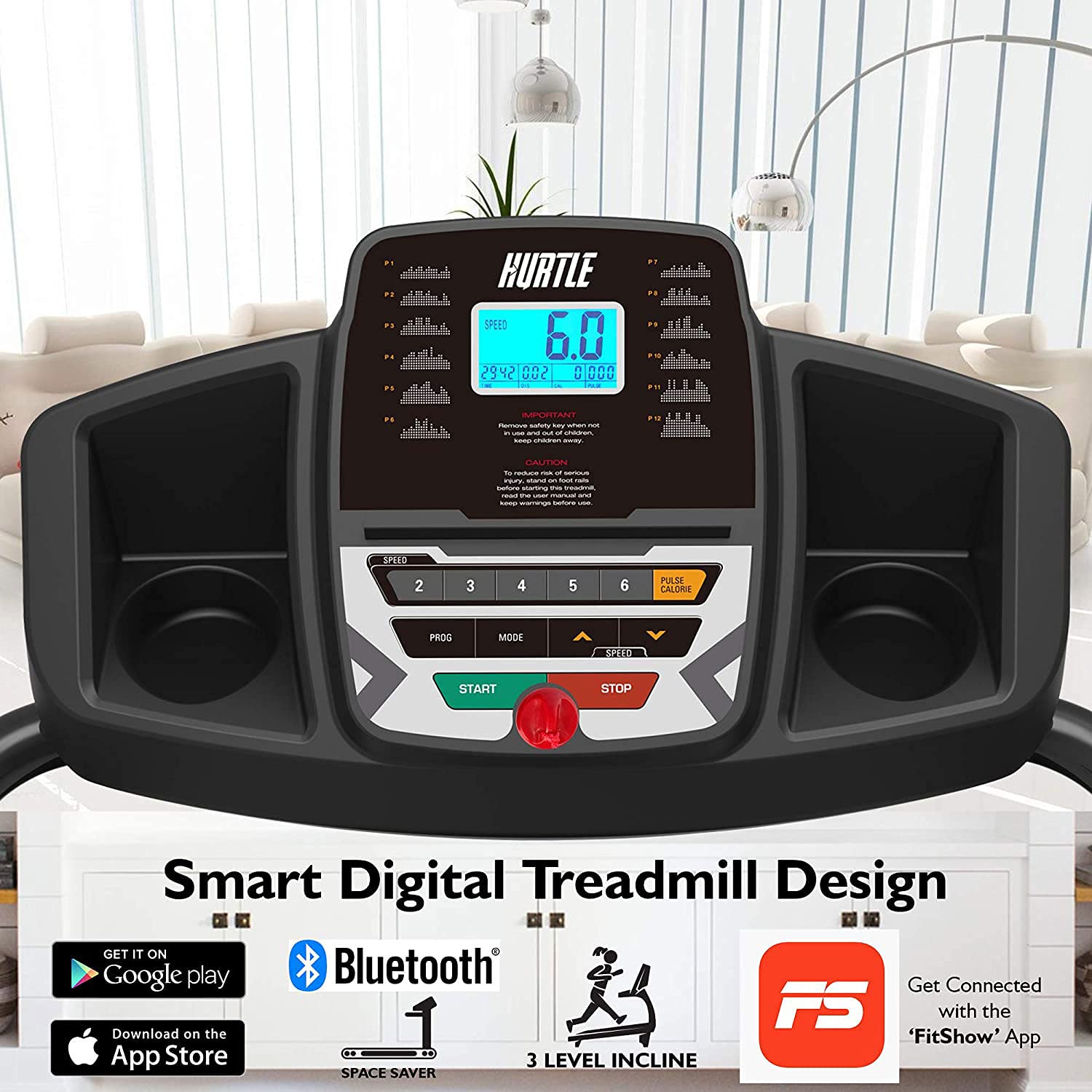 Hurtle Electric Folding Treadmill for Home Use - Compact Cardio Exercise Machine with 12 Training Modes, 3 Incline Levels & Bluetooth Connectivity - Perfect for Walking, Running & Home Workouts in Small Spaces