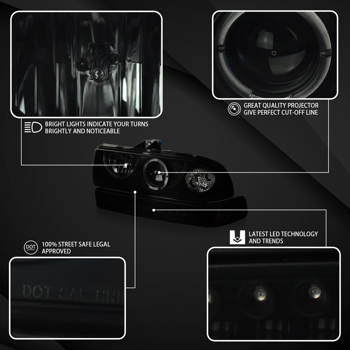 AUTOZENSATION Smoke LED Halo Projector Headlights + LED Bumper Lights - Compatible with 1998-2004 Chevy S10 Pickup & Blazer - Left & Right Pair Headlamp Assembly - Upgrade for Night Driving & Off-Road Adventures