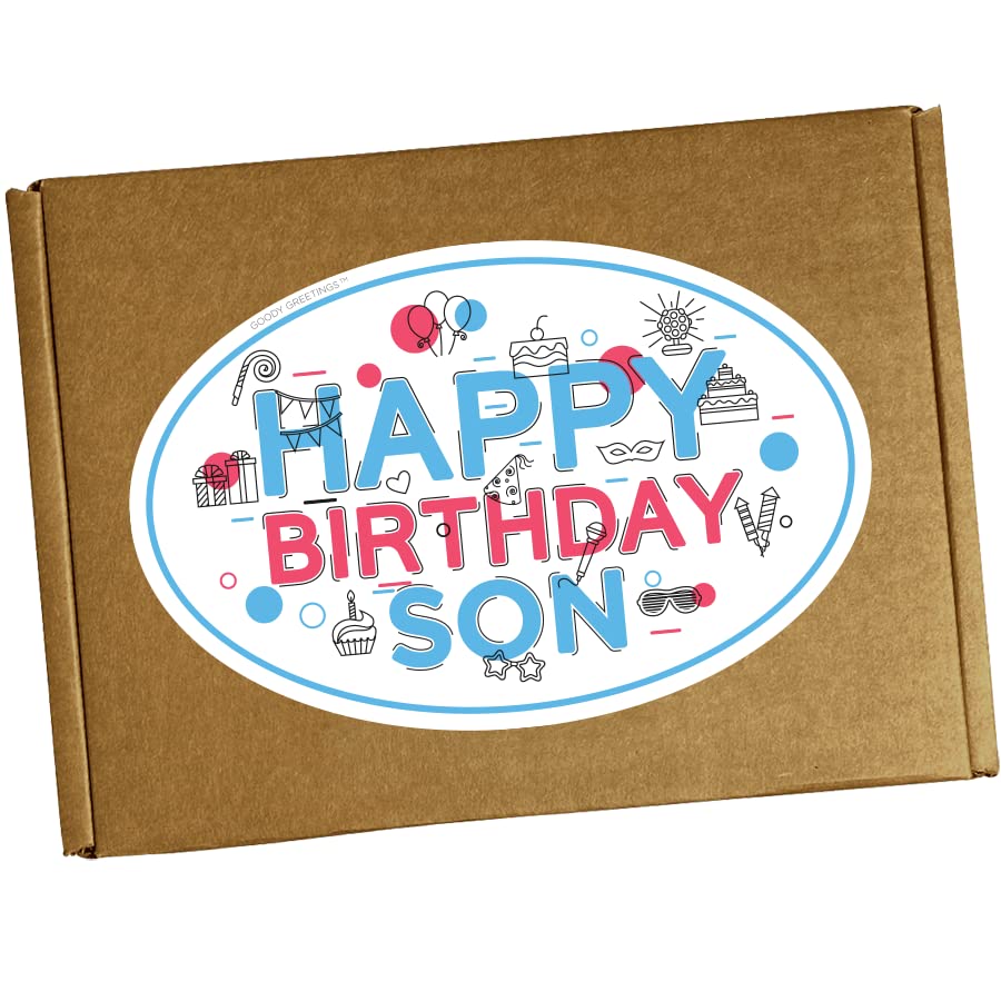 Happy Birthday Snack Box for Son - 20 Count Gift Basket with Cookies, Chips & Candy - Perfect for Parties & Gifts