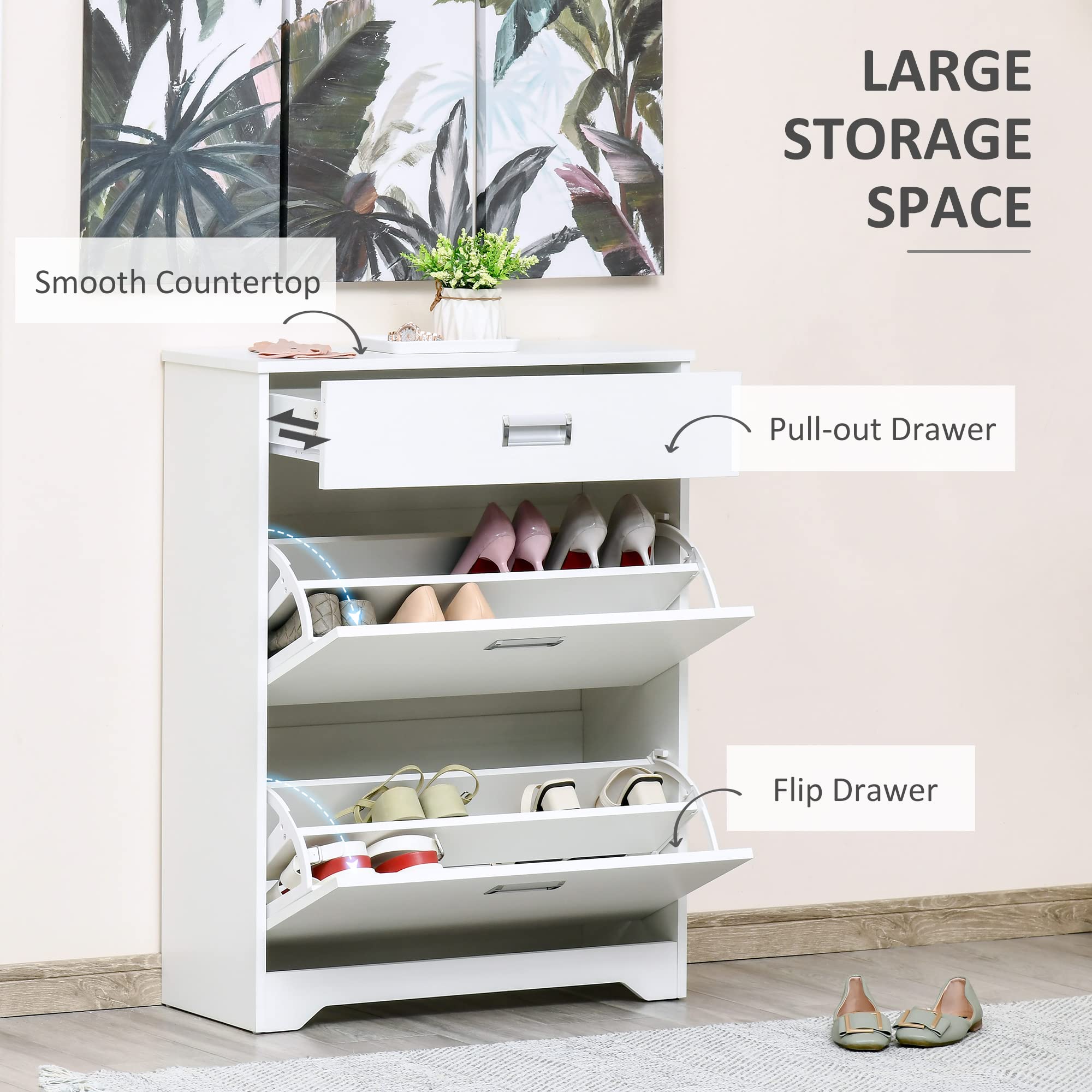 HOMCOM 3-Drawer Shoe Cabinet with 2 Flip Doors - Adjustable Shelf Freestanding Shoe Organizer for Entryway, Holds 16 Pairs of Shoes, Modern White Storage Rack - Perfect for Small Spaces, Apartments & Closet Organization