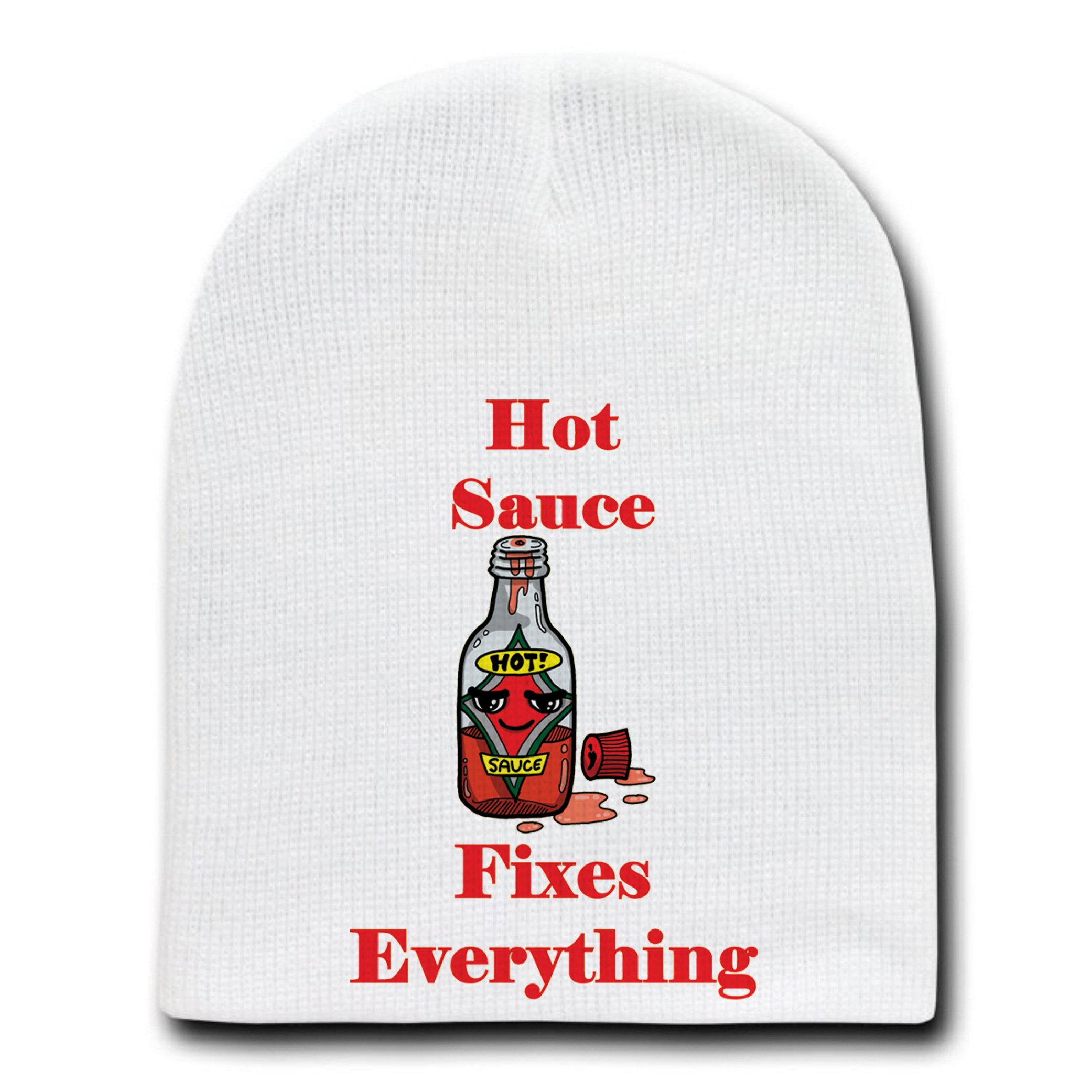 Hot Sauce Fixes Everything Funny Food Cartoon Beanie - White Skull Cap Hat for Men & Women - Perfect for Winter, Gifts, and Casual Wear