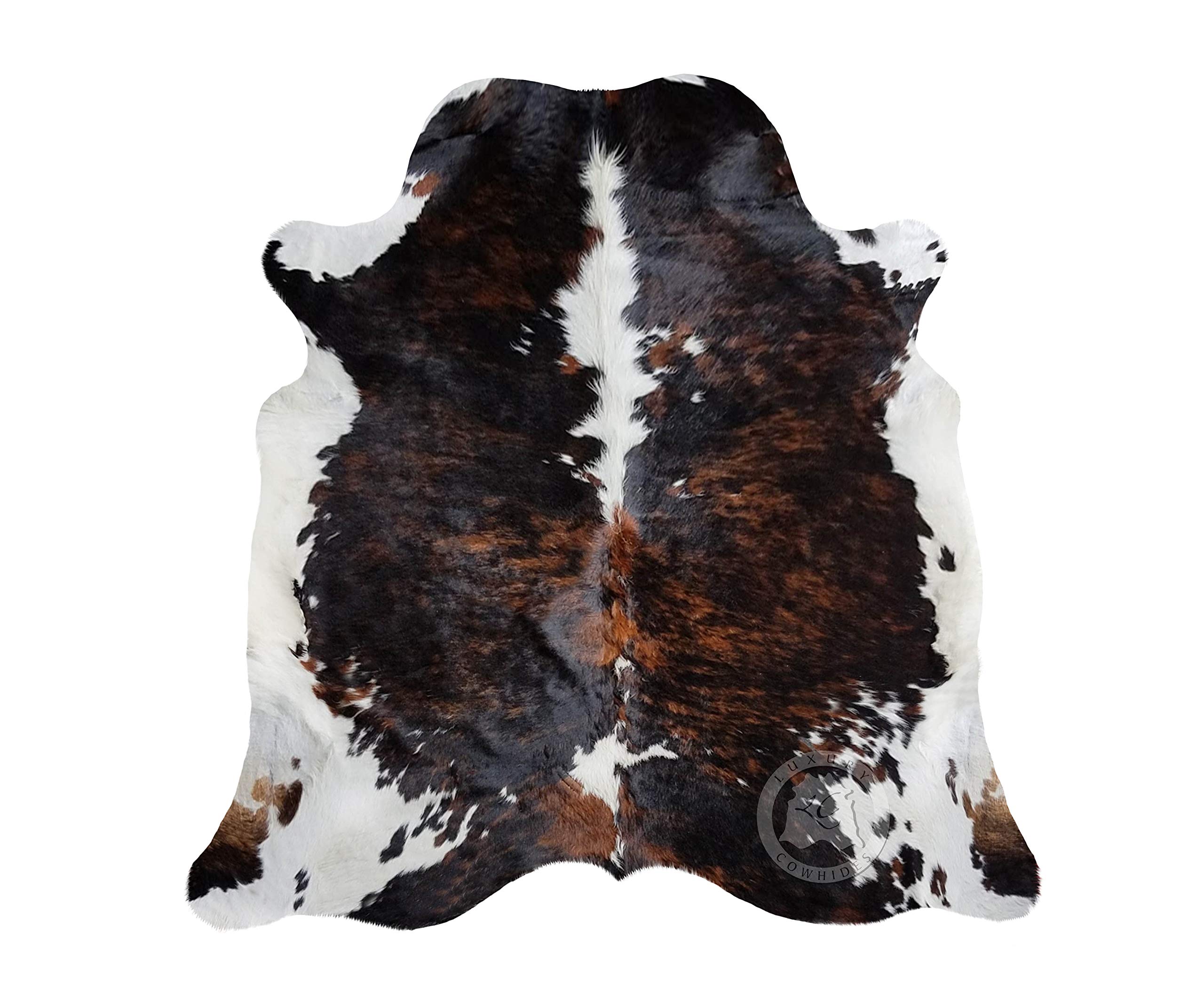 Genuine Cowhide Rug - Premium Rustic Cowskin Carpet for Living Room, Bedroom, Dining & Office Decor - Thick Natural Animal Hide for Floor, Wall or Table - Large Dark Brindle Tricolor (6x6-7ft) - Perfect for Farmhouse, Bohemian & Western Style Home Decor