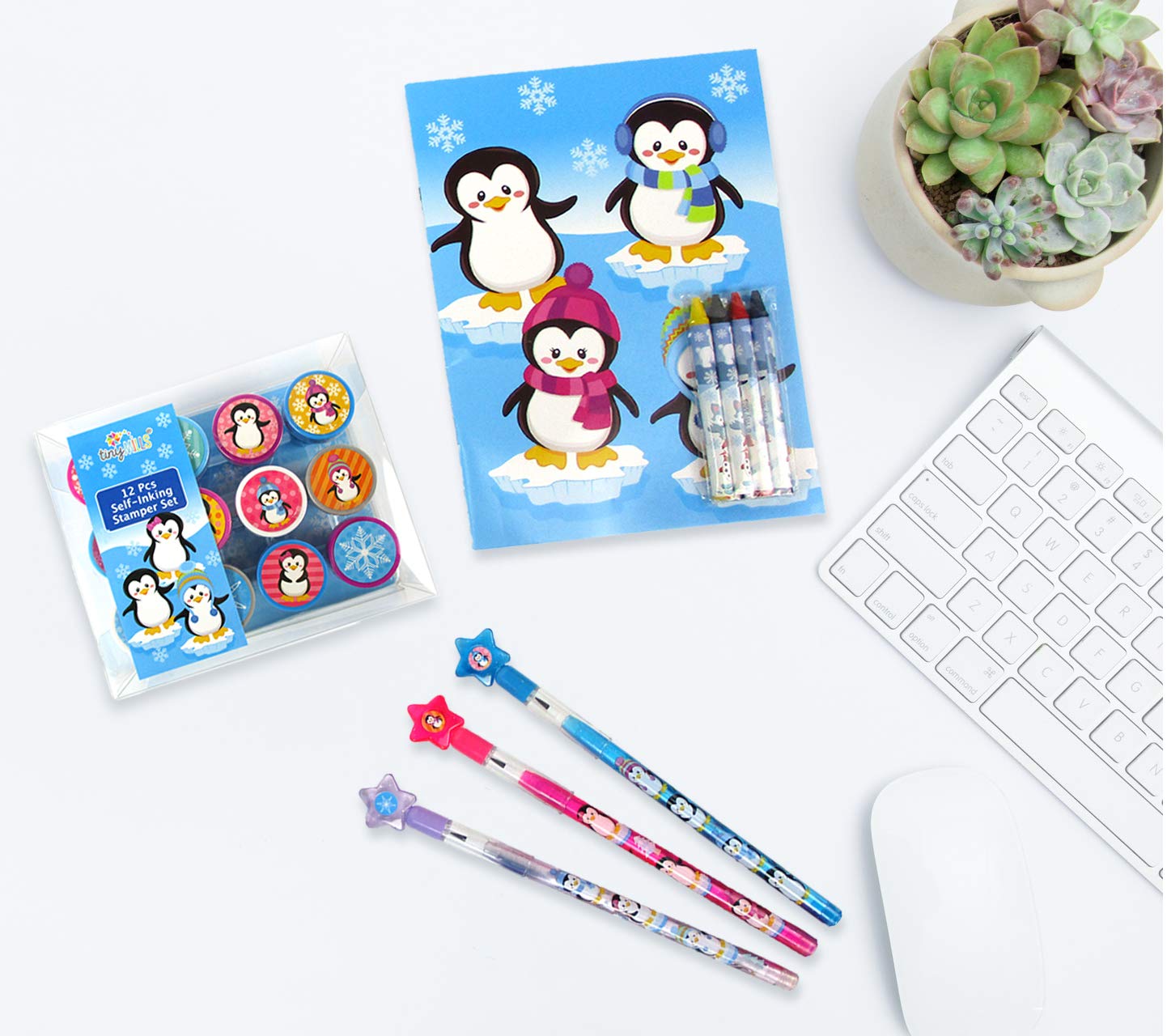 Tiny Mills 24 Pcs Penguin Self-Inking Stamps for Kids - 12 Cute Animal Designs | Perfect for Birthday Parties, Classroom Rewards, Stocking Stuffers & Goody Bags | Fun Arts & Crafts Activity for Children