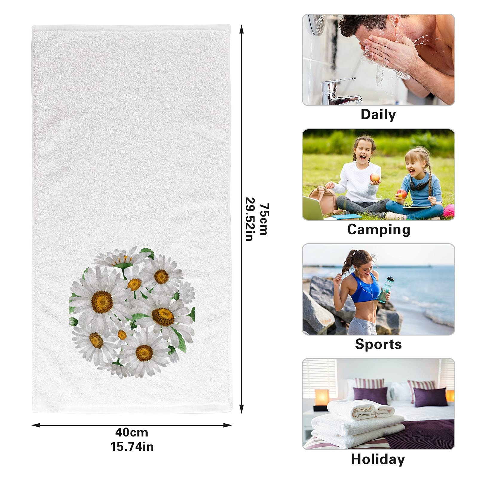 ALAZA Daisy Chamomile Floral Bath Towels Set of 2 - 100% Cotton Hand Towels 16x30 Inches, Super Absorbent & Skin-Friendly for Bathroom, Kitchen, Spa & Guest Use