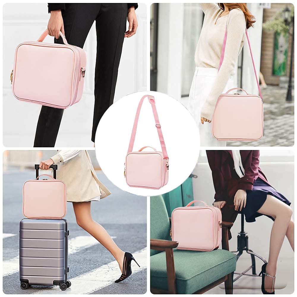 Premium PU Leather Travel Makeup Bag - Portable Cosmetic Organizer with Adjustable Dividers & Shoulder Strap | Pink Makeup Train Case with Mirror | Perfect for Travel, Home Storage & Salon Professionals