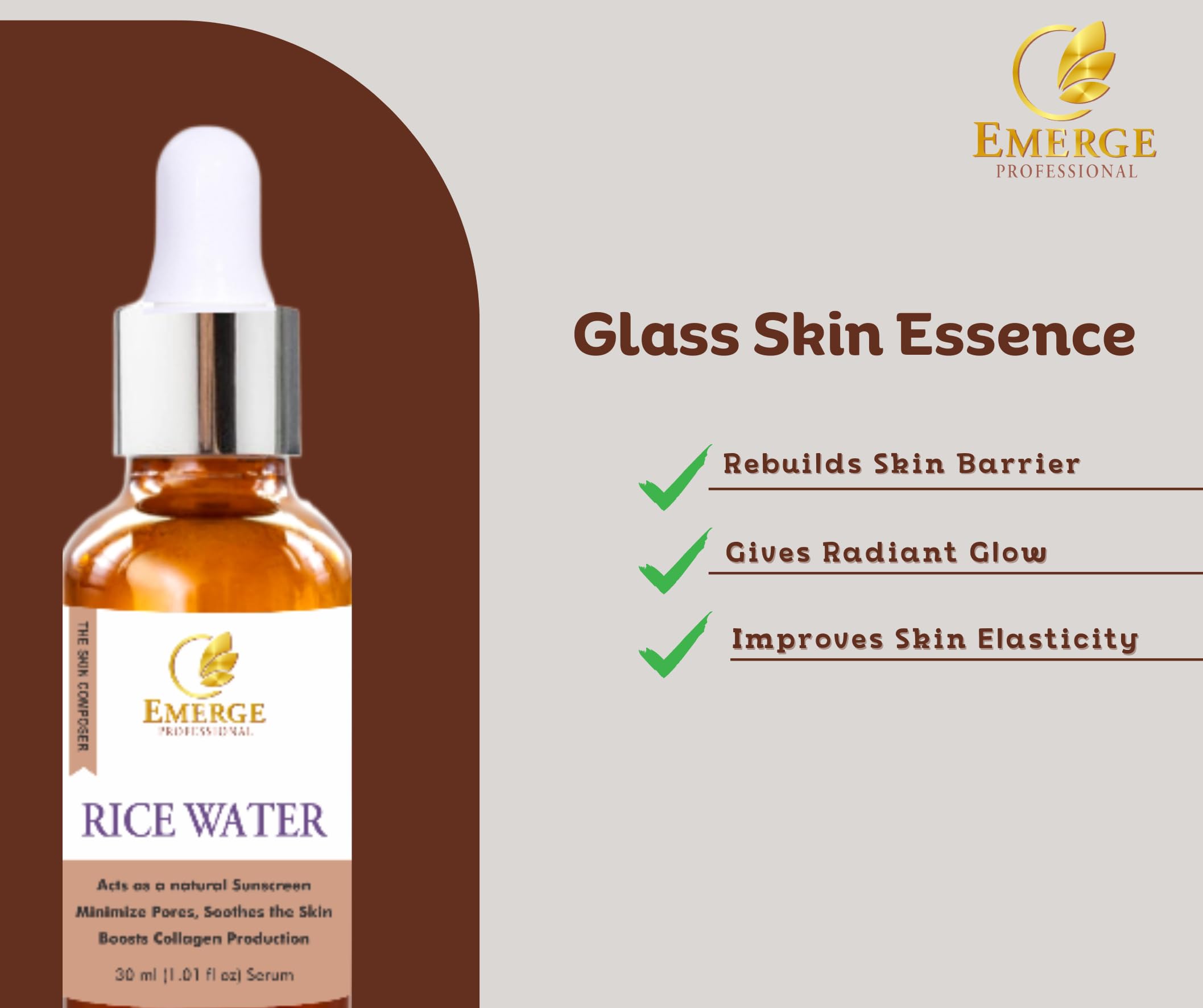 EMERGE Professional Rice Water Serum for Glass Skin - Brightening & Hydrating Facial Treatment for Glowing Complexion | Perfect for Daily Skincare & Night Routine