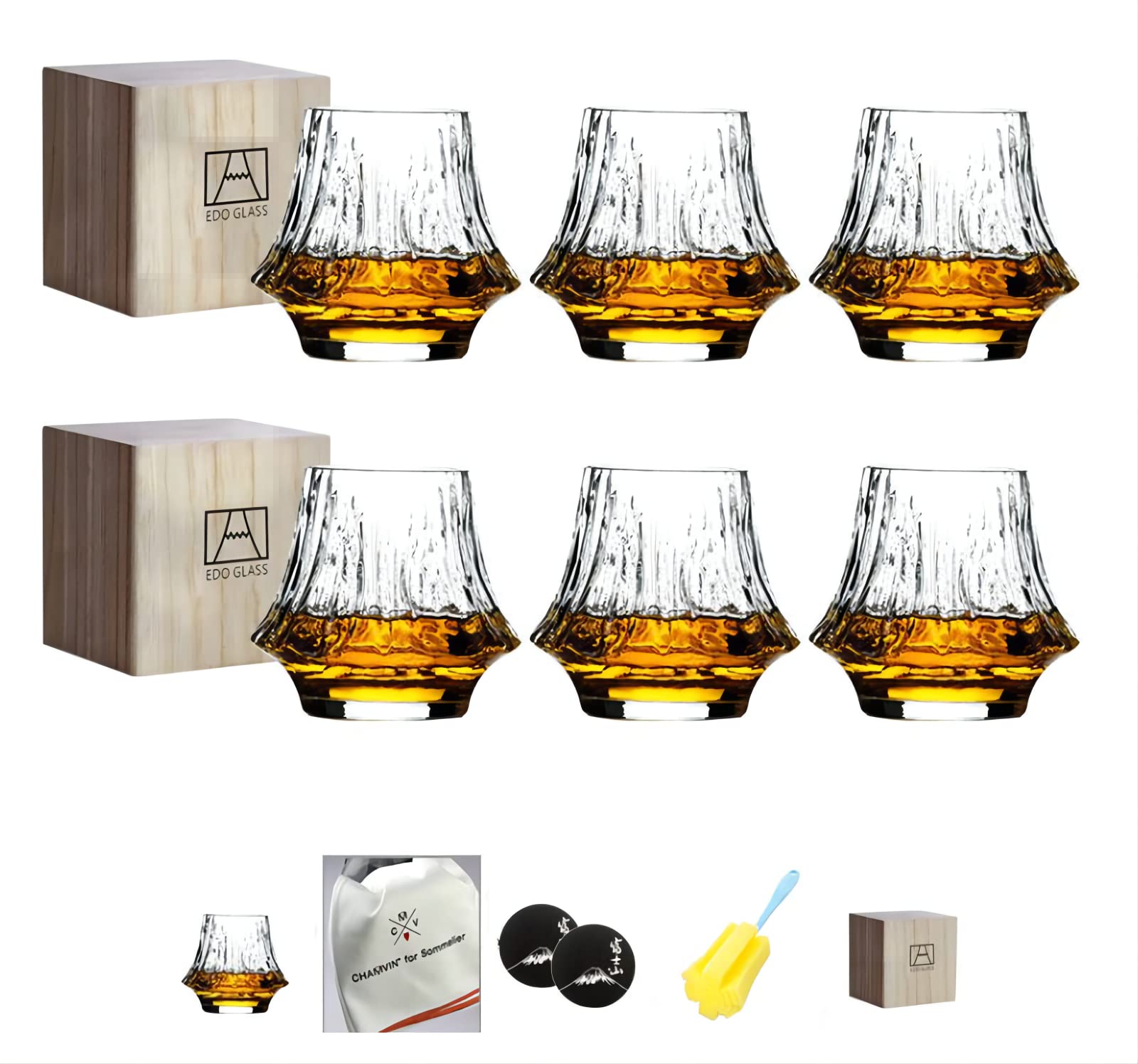 Premium Mt. Fuji Rock Glasses Set of 6 - Japanese Whiskey Tumbler & Beer Glass with Paulownia Wood Gift Box - Perfect for Home Bar, Cocktail Parties & Japanese-Themed Events