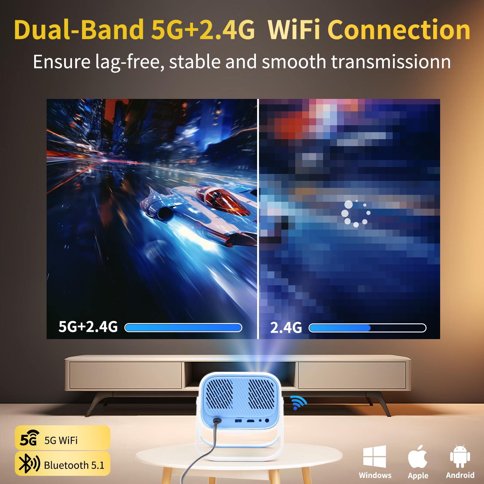MEER Auto Keystone 1080P WiFi Bluetooth Projector - 360° Adjustable Stand, 200