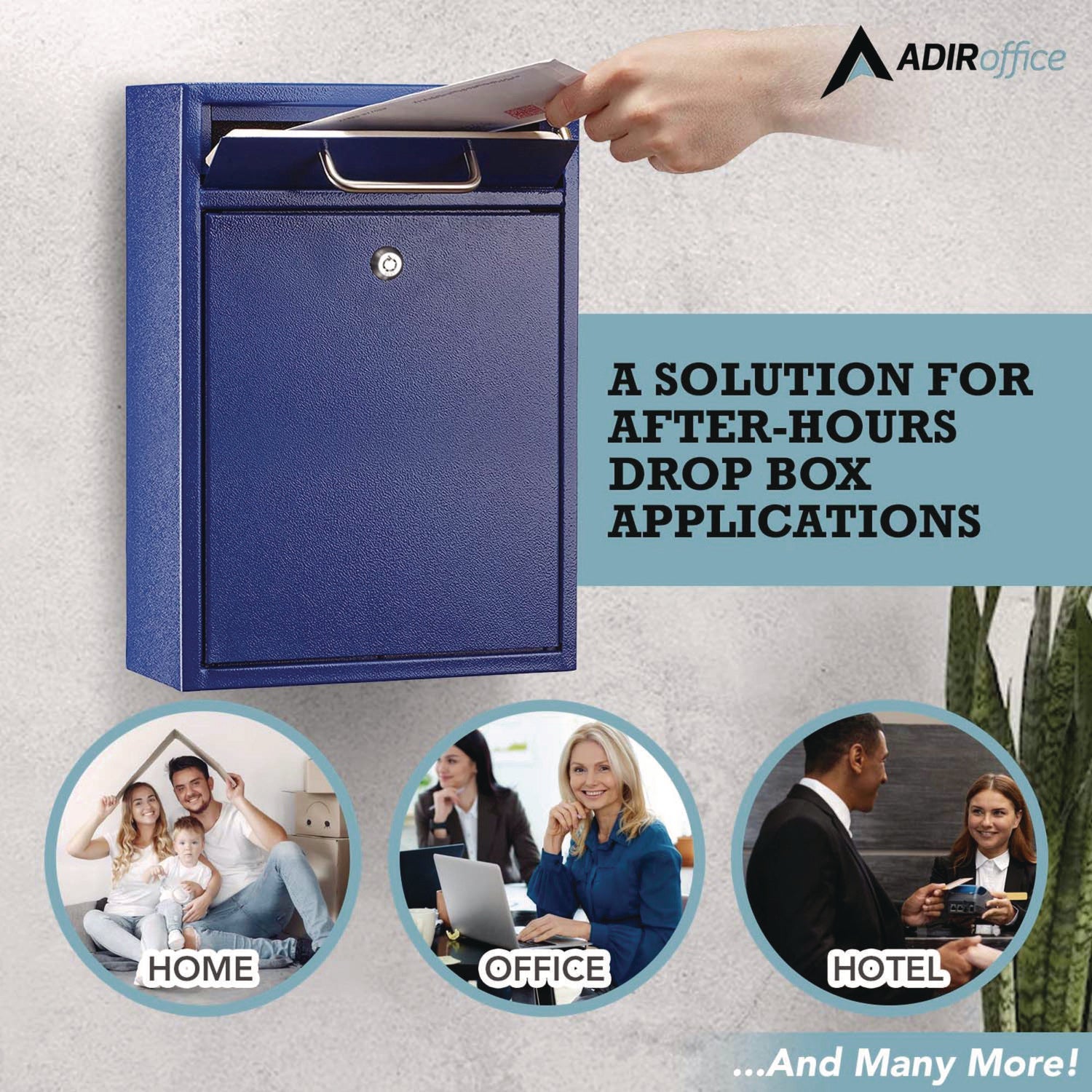 AdirOffice Large Wall Mounted Secure Drop Box - 11.2 x 4.7 x 16.2 Inch Blue Mailbox for Home & Office - Perfect for Package Delivery, Mail Collection and Secure Document Storage