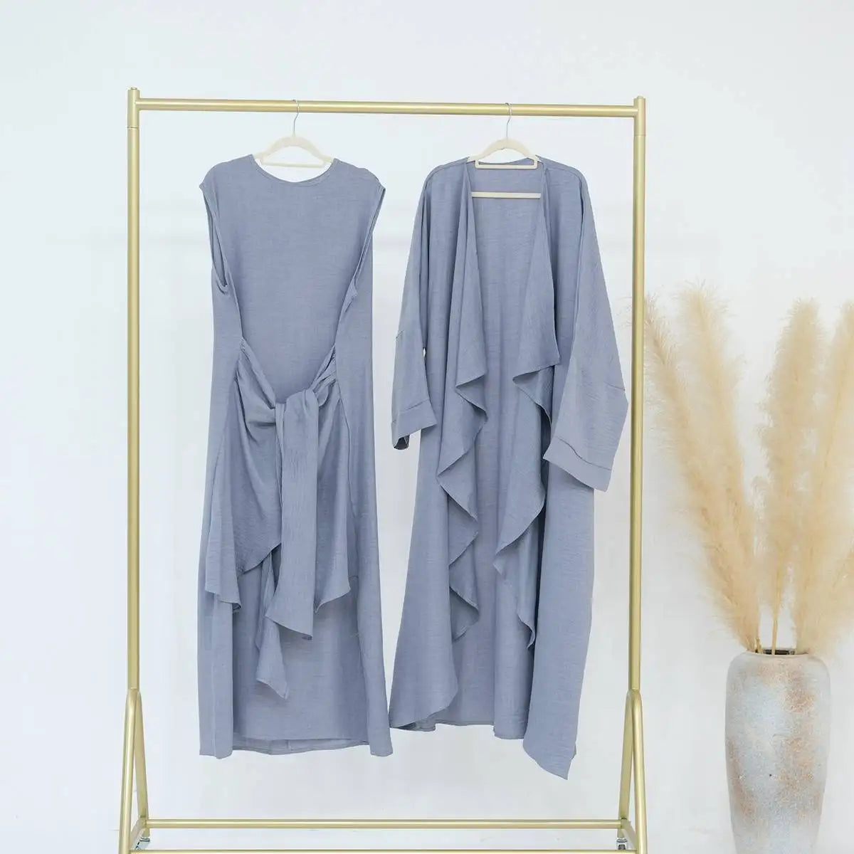 2-Piece Wrinkle-Free Open Abaya Dress Set with Inner Sleeveless Dress - Modest Muslim Fashion for Prayer, Eid, and Special Occasions