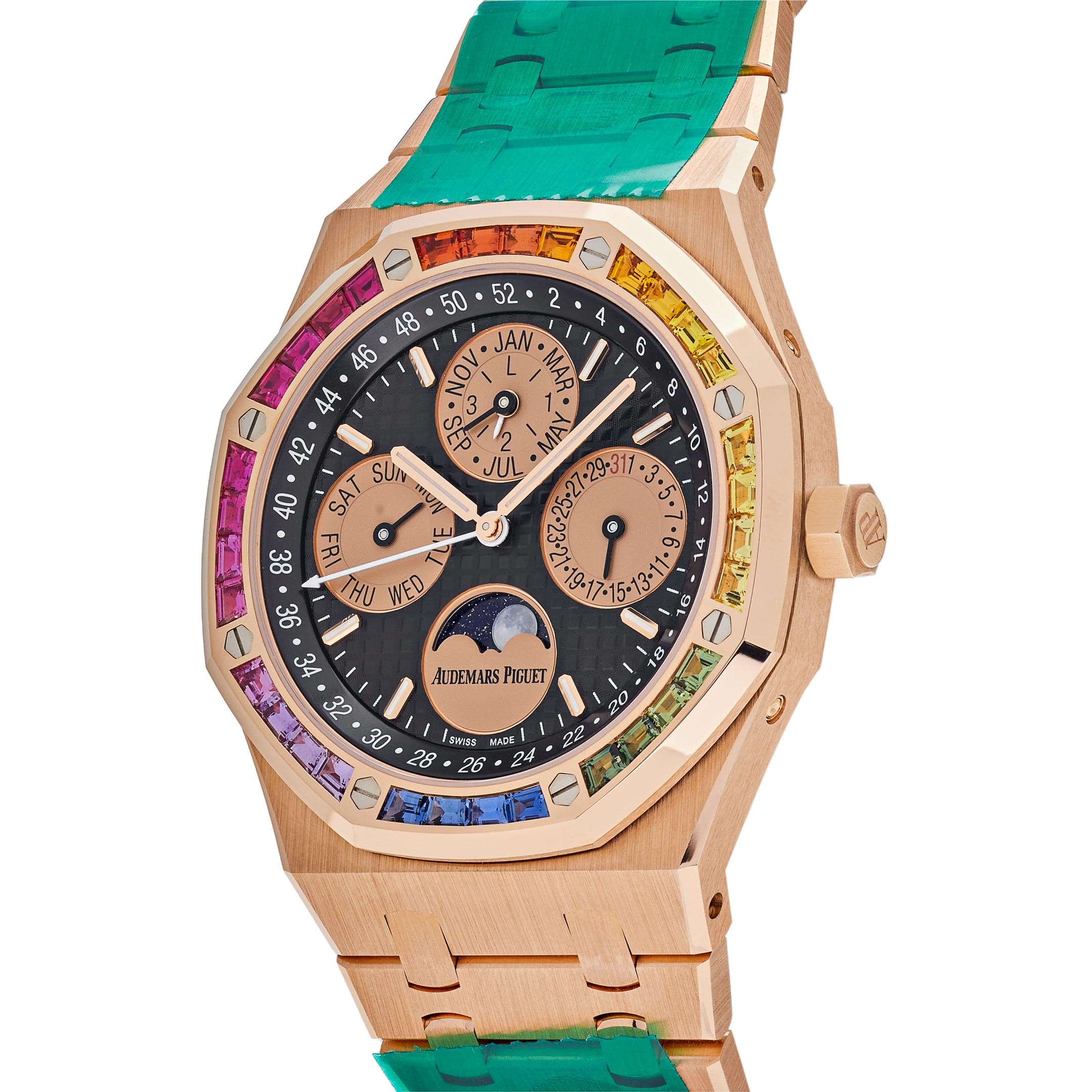 Audemars Piguet Royal Oak Perpetual Calendar 26614OR.YY.1220OR.01 18K Rose Gold Watch with Rainbow Bezel & Black Dial - Limited Edition Luxury Timepiece for Men, Perfect for Gala Events & High-End Collectors