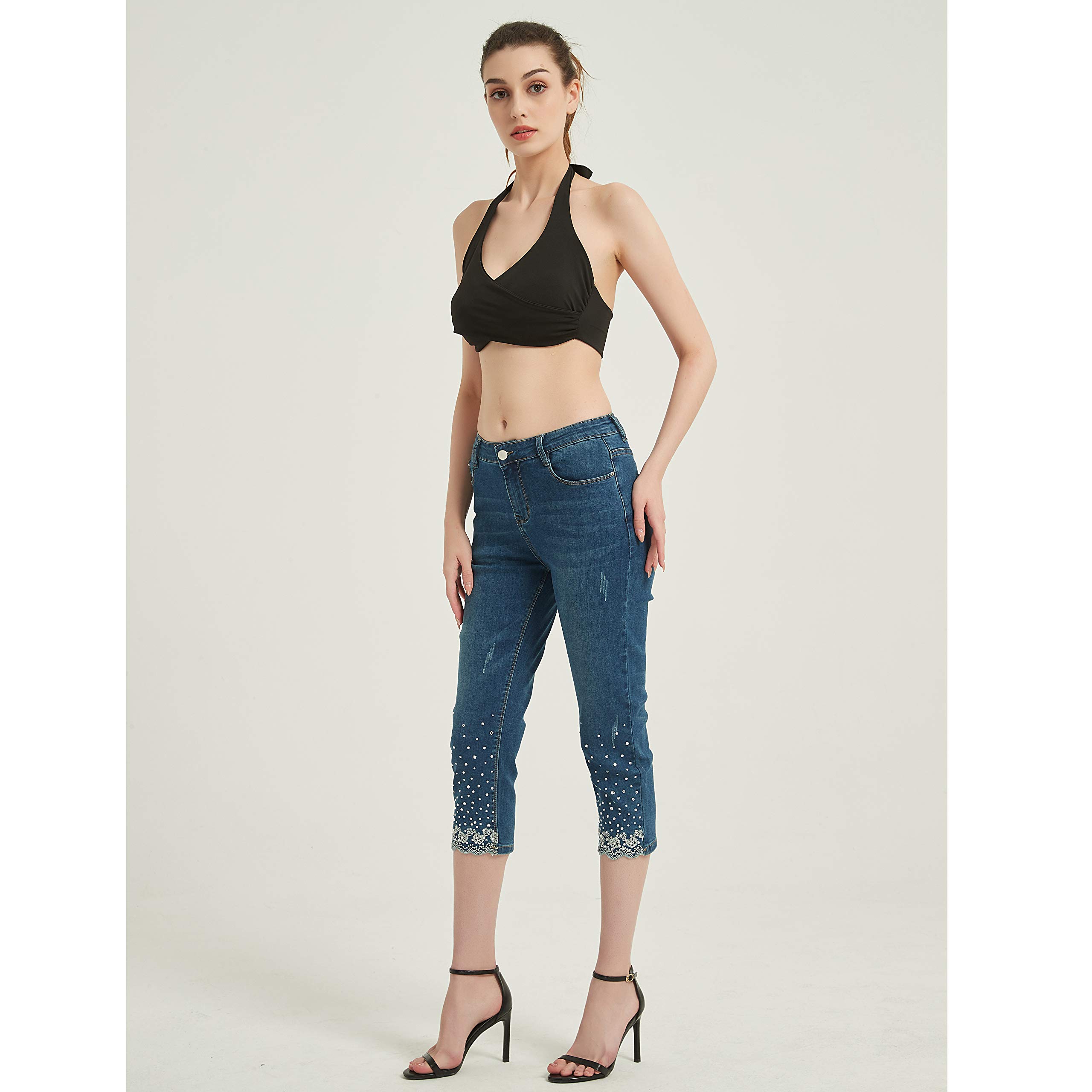 Lisskolo Women's Embroidered Stretch Skinny Capri Jeans - Mid-Rise Cropped Denim Pants for Casual Wear & Summer Outfits